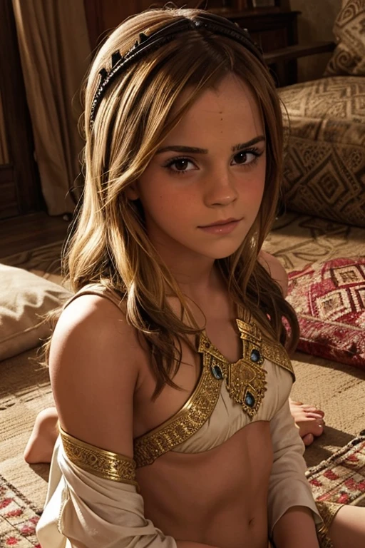 1girl, 9 year old girl with red flowing braided her with flower in the braids, green eyes, freckled throughout (realistic:1.3), finely detailed, quality, (masterpiece:1.2), (photorealistic:1.2), (best quality), (detailed skin:1.3), (intricate details), dramatic, photograph, Ornate warrior princess, wearing a lightweight camisole style top and a luminous shear silk skirt, showing off her small alluring body, with golden laced shoes, exuding fierceness, Ultrarealistic, broad lighting, film grain, film camera, Circular polarizer, Instagram, UHD, dslr