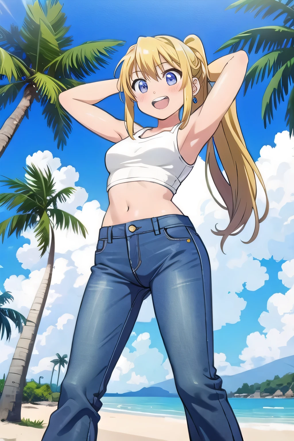 masterpiece,best quality,ultra detail, ((Perfect Face, Perfect Arms, Perfect hands, Perfect Fingers)), 1girl, 14yo, petite, ((round face, ecstasy, orgasm face, drooping eyes, shame smiling, blush)), dropping eyes, sleepy, Open mouth, ((White teeth)), background((under the beach, (day:1.2), palm tree, bright sky)), winry rockbell, blue eyes, blonde hair, (long hair:1.4), ponytail, earrings, ((arms behind head, hands behind head, fingers behind head)), ((contrapposto)), spread armpits, looking at viewer,, (white tank top:1.2), (white crop top:1.2), (jeans pants:1.2, flares jeans:1.2, skinny jeans:1.2, blue jeans:1.2), standing, (legs spread:1.4), sex pose, Sweaty crotch, Steam from the crotch, from below, whole body
