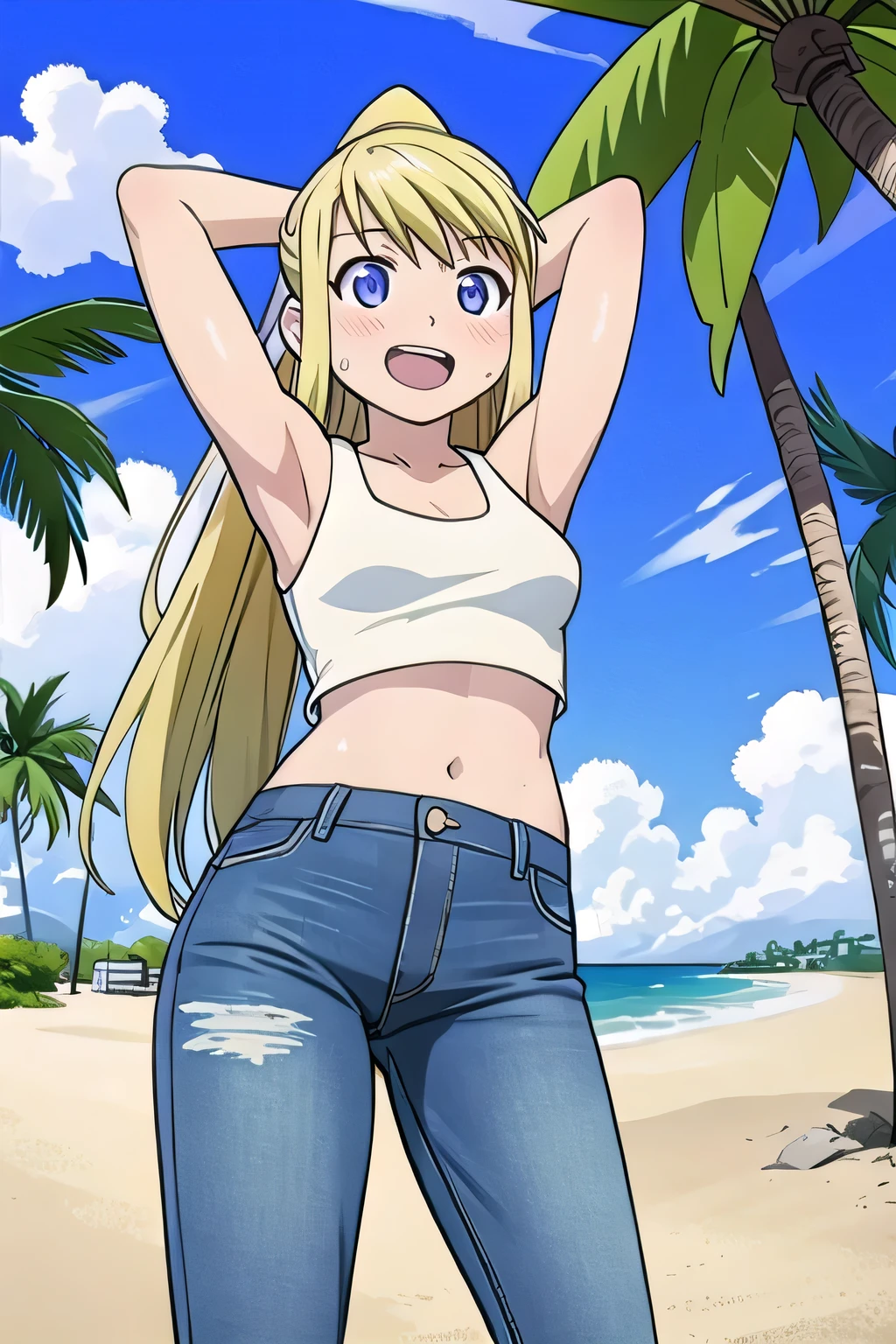masterpiece,best quality,ultra detail, ((Perfect Face, Perfect Arms, Perfect hands, Perfect Fingers)), 1girl, , petite, ((round face, ecstasy, orgasm face, drooping eyes, shame smiling, blush)), dropping eyes, sleepy, Open mouth, ((White teeth)), background((under the beach, (day:1.2), palm tree, bright sky)), winry rockbell, blue eyes, blonde hair, (long hair:1.4), ponytail, earrings, ((arms behind head, hands behind head, fingers behind head)), ((contrapposto)), spread armpits, looking at viewer,, (white tank top:1.2), (white crop top:1.2), (jeans pants:1.2, flares jeans:1.2, skinny jeans:1.2, blue jeans:1.2), standing, (legs spread:1.4), sex pose, Sweaty crotch, Steam from the crotch, from below, whole body