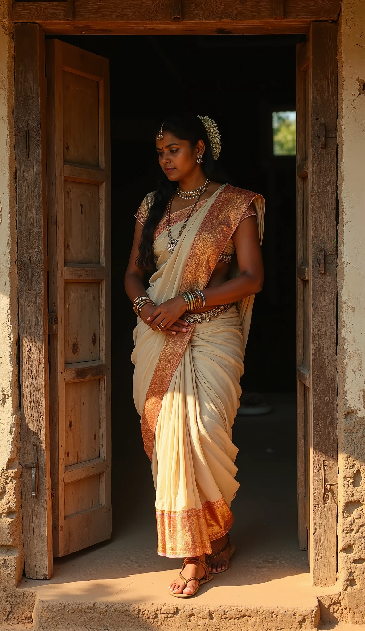 Indian beautiful young woman wearing white saree , walking in rever side, mountain background, (exposed breasts 1.7) white skin, deep clevage, gold jewelry