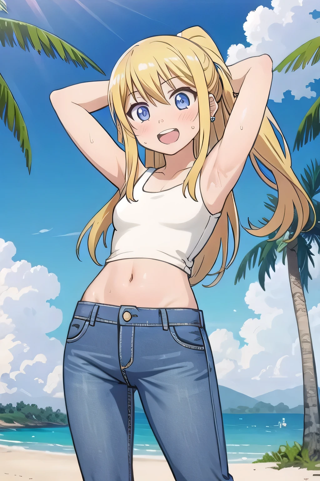 masterpiece,best quality,ultra detail, ((Perfect Face, Perfect Arms, Perfect hands, Perfect Fingers)), 1girl, , peti ((round face, ecstasy, orgasm face, drooping eyes, shame smiling, blush)), dropping eyes, sleepy, Open mouth, ((White teeth)), background((under the beach, (day:1.2), palm tree, bright sky)), winry rockbell, blue eyes, blonde hair, (long hair:1.4), ponytail, earrings, ((arms behind head, hands behind head, fingers behind head)), ((contrapposto)), spread armpits, looking at viewer,, (white tank top:1.2), (white crop top:1.2), (jeans pants:1.2, flares jeans:1.2, skinny jeans:1.2, blue jeans:1.2), standing, (legs spread:1.4), sex pose, Sweaty crotch, Steam from the crotch, from below, whole body