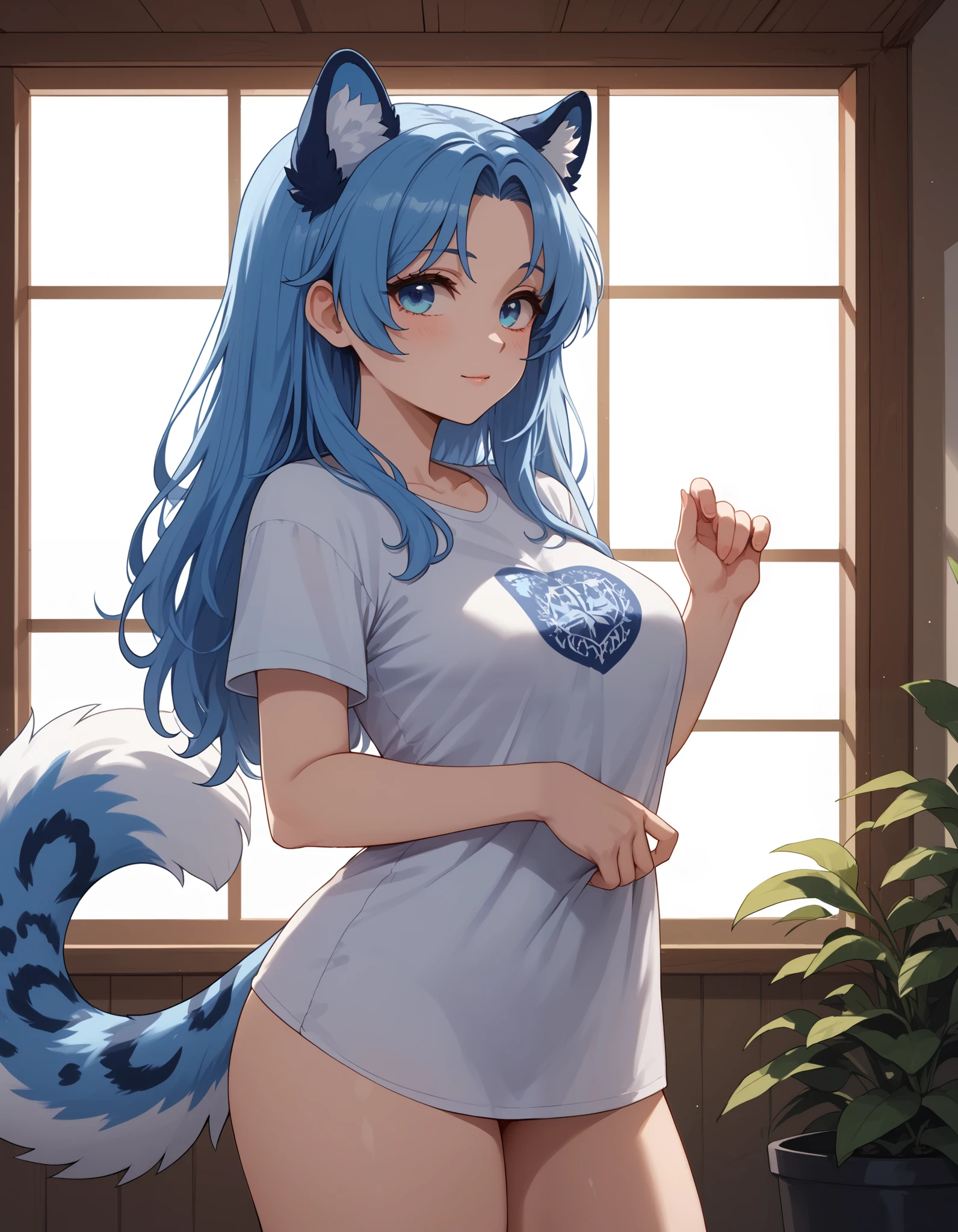 (Masterpiece) (High Detail) (High Res) A short curvy slim Humanoid Snow-Leopard Female with pale human skin and bright blue eyes and long navy blue hair and fluffy navy blue snow-leopard ears and a big fluffy navy blue snow-leopard tail and average breasts. She is wearing only an oversized baggy t-shirt and is standing in a bedroom with wooden beams and bright light coming from the window and large leafy plants. Long Hair.