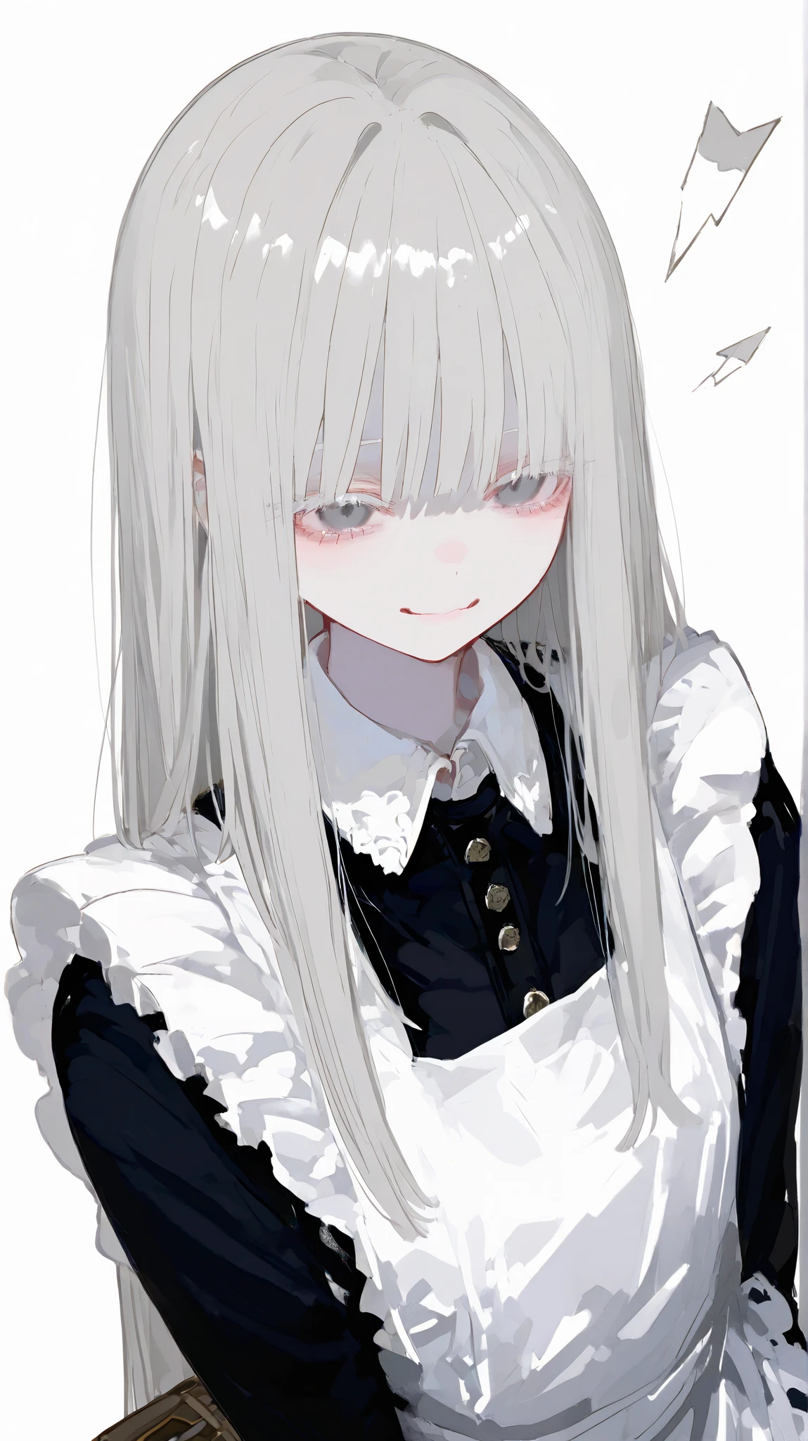 Anime girl with long white hair and black dress sitting down - SeaArt AI