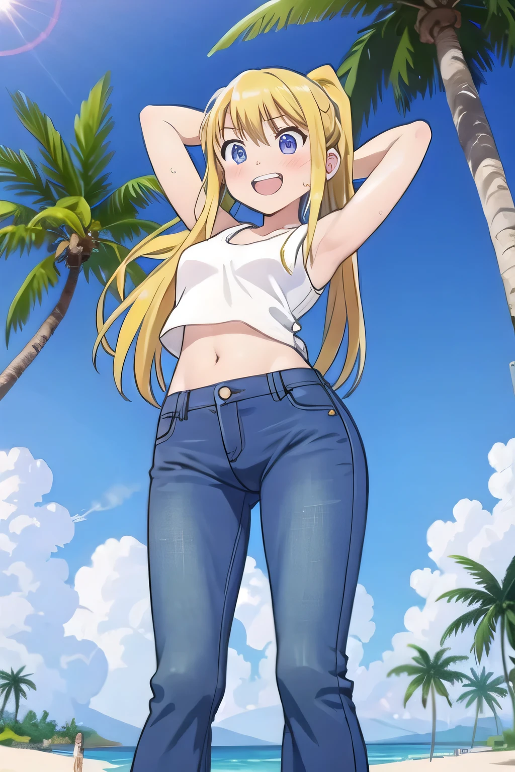 masterpiece,best quality,ultra detail, ((Perfect Face, Perfect Arms, Perfect hands, Perfect Fingers)), 1girl, , petite, ((round face, ecstasy, orgasm face, drooping eyes, shame smiling, blush)), dropping eyes, sleepy, Open mouth, ((White teeth)), background((under the beach, (day:1.2), palm tree, bright sky)), winry rockbell, blue eyes, blonde hair, (long hair:1.4), ponytail, earrings, ((arms behind head, hands behind head, fingers behind head)), ((contrapposto)), spread armpits, looking at viewer,, (white tank top:1.2), (white crop top:1.2), (jeans pants:1.2, flares jeans:1.2, skinny jeans:1.2, blue jeans:1.2), standing, (legs spread:1.4), sex pose, Sweaty crotch, Steam from the crotch, from below, whole body