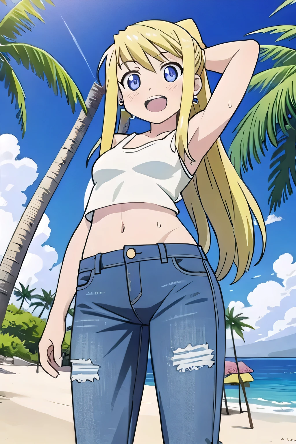masterpiece,best quality,ultra detail, ((Perfect Face, Perfect Arms, Perfect hands, Perfect Fingers)), 1girl, , peti ((round face, ecstasy, orgasm face, drooping eyes, shame smiling, blush)), dropping eyes, sleepy, Open mouth, ((White teeth)), background((under the beach, (day:1.2), palm tree, bright sky)), winry rockbell, blue eyes, blonde hair, (long hair:1.4), ponytail, earrings, ((arms behind head, hands behind head, fingers behind head)), ((contrapposto)), spread armpits, looking at viewer,, (white tank top:1.2), (white crop top:1.2), (jeans pants:1.2, flares jeans:1.2, skinny jeans:1.2, blue jeans:1.2), standing, (legs spread:1.4), sex pose, Sweaty crotch, Steam from the crotch, from below, full medium body