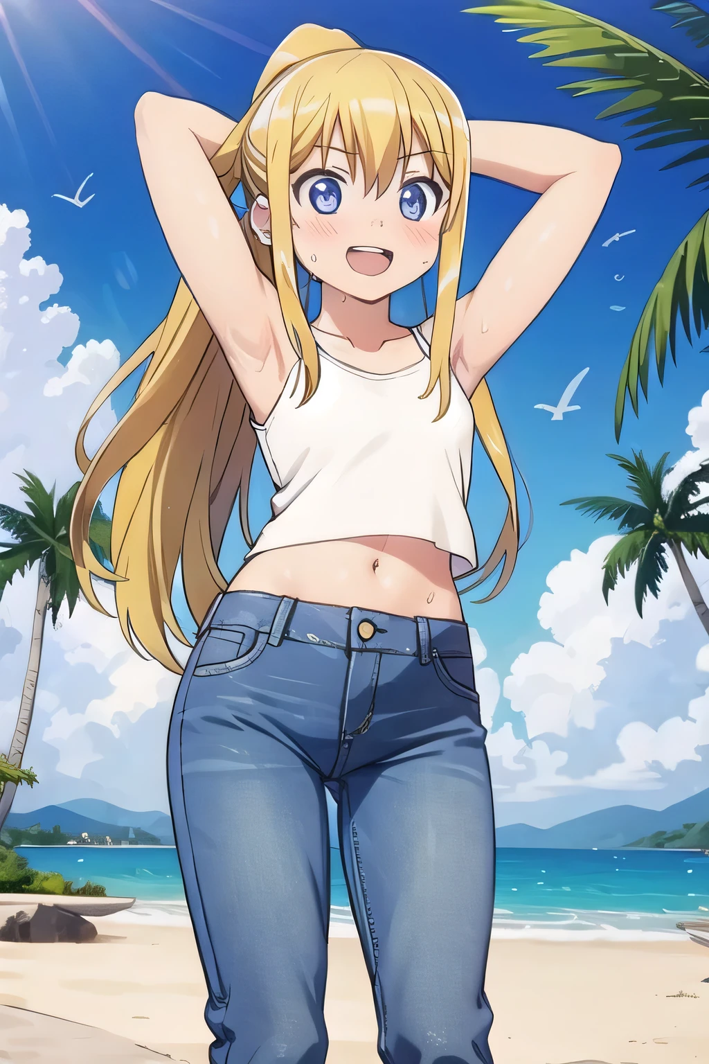 masterpiece,best quality,ultra detail, ((Perfect Face, Perfect Arms, Perfect hands, Perfect Fingers)), 1girl, , petite, ((round face, ecstasy, orgasm face, drooping eyes, shame smiling, blush)), dropping eyes, sleepy, Open mouth, ((White teeth)), background((under the beach, (day:1.2), palm tree, bright sky)), winry rockbell, blue eyes, blonde hair, (long hair:1.4), ponytail, earrings, ((arms behind head, hands behind head, fingers behind head)), ((contrapposto)), spread armpits, looking at viewer,, (white tank top:1.2), (white crop top:1.2), (jeans pants:1.2, flares jeans:1.2, skinny jeans:1.2, blue jeans:1.2), standing, (legs spread:1.4), sex pose, Sweaty crotch, Steam from the crotch, from below, whole body