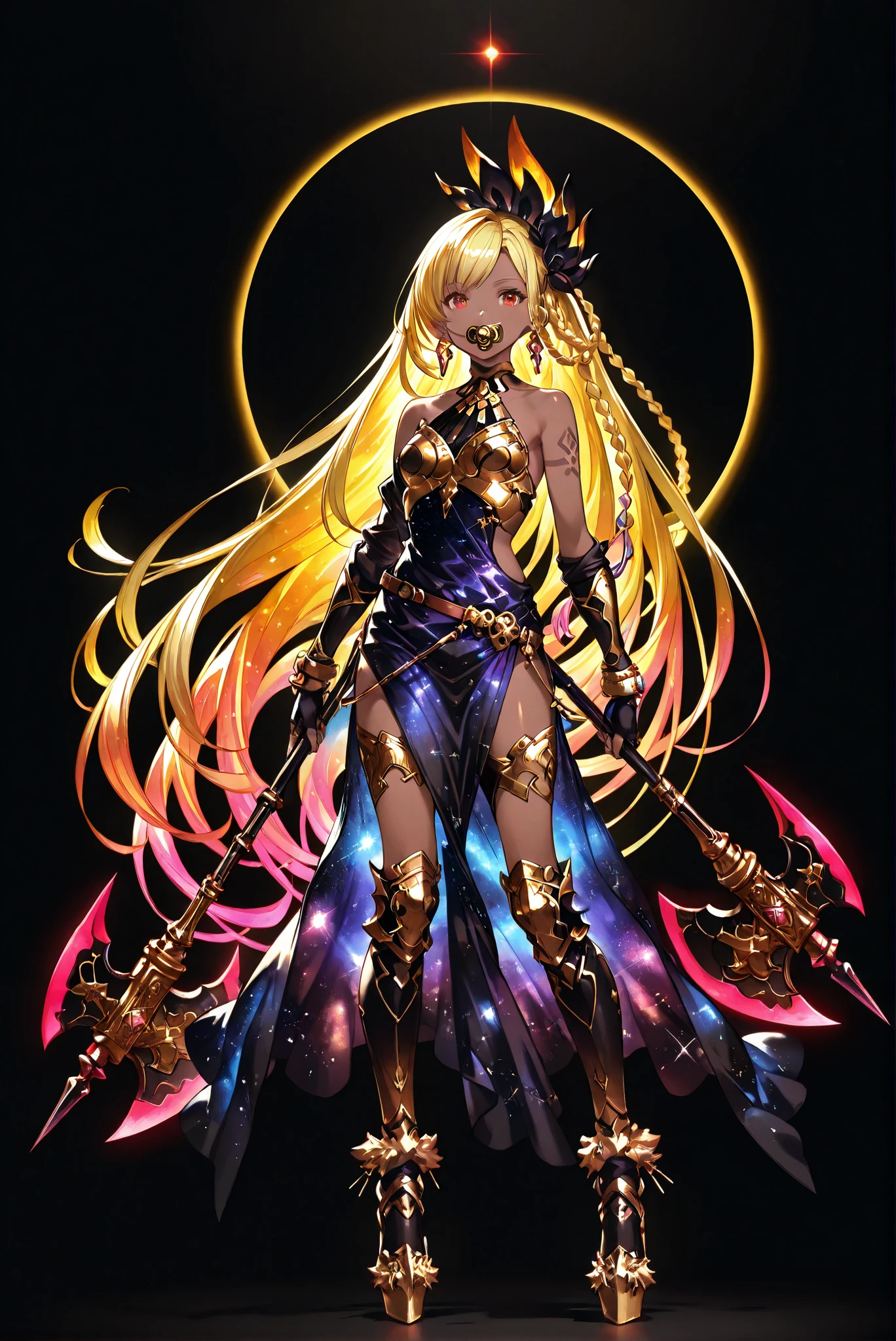 of_HARP, cosplay, furry chest armor, clothing cutout, furry belt, furry bracers, furry leg armor, furry footwear, armor, bare shoulders, fingerless gloves, bracers,jewelry, earrings, weapon, ax，Hatchet，Tomahawk，神器ax，复杂工艺ax ,has two golden axe heads,holding weapon, （ stands，whole body， high heels， front view，Standing picture:1.7)，HoleHeels，oval/Circle/Thorn/Horn Heels，, Limited Color Palette , Black Background ,Colorful, vivid colors ,Flashing silhouette ,neon,black light ,watch,  Masterpiece,  very beautiful ,, shiny skin, galaxy dress, backless dress, golden ornaments, arm tattoo, , Granblue_ fantasy, Helel_Ben_Shalem, dark skin, Blonde, long hair, braid, red eyes, pacifier,