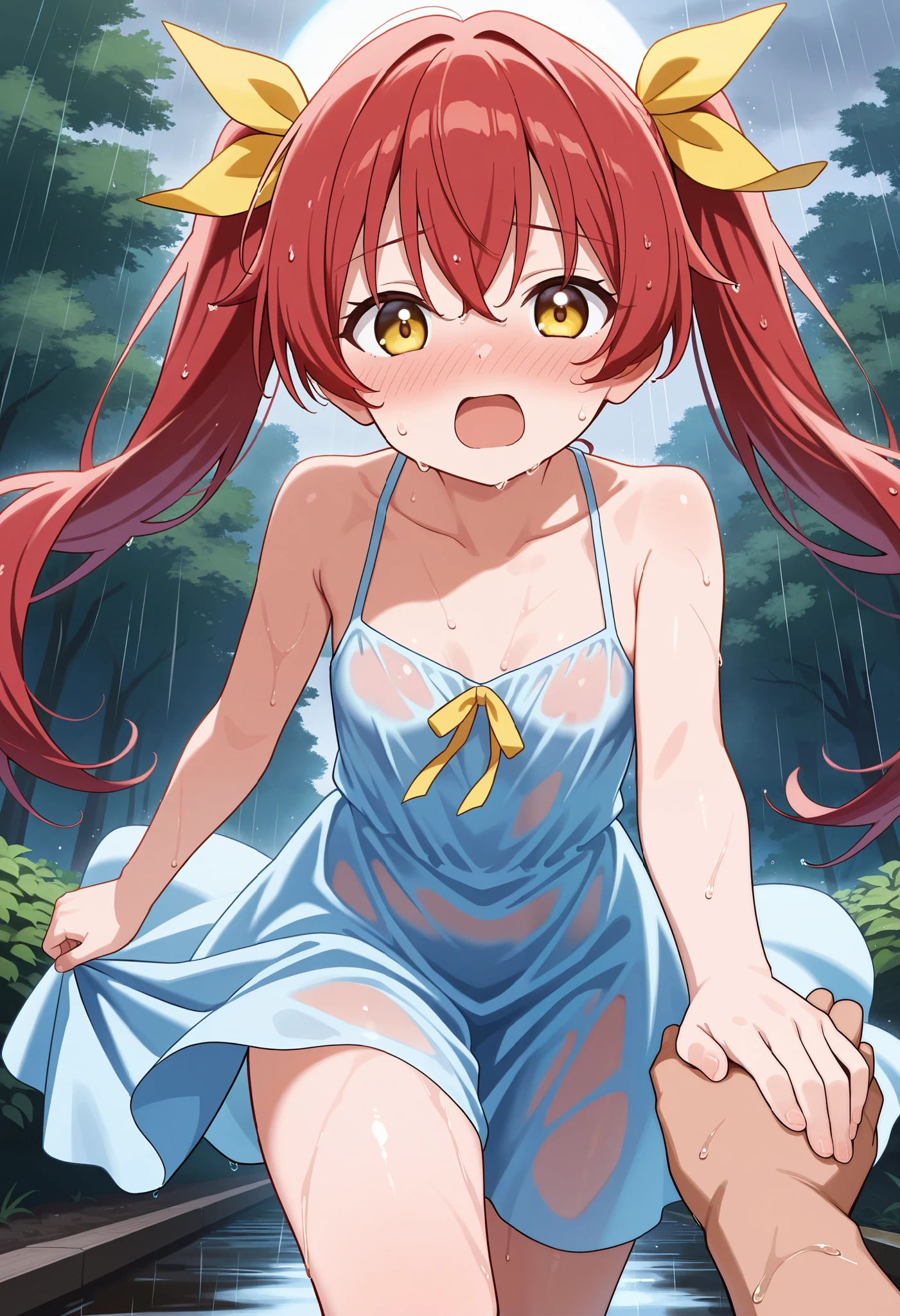 1GIRL, cute girl, finely detailed, (best quality), (intricate details), nsfw style, in the woods, having sex, girl having sex, having sex, forced sex, rape sex, sex against tree, bloody sex, ((medium length red hair)), best quality, ((short sundress)), ((white dress)), ((round eyes)), arms tied up, beautiful face, girl crying, best quality, cute face, pinup, sleepy look, cute face, perfect face