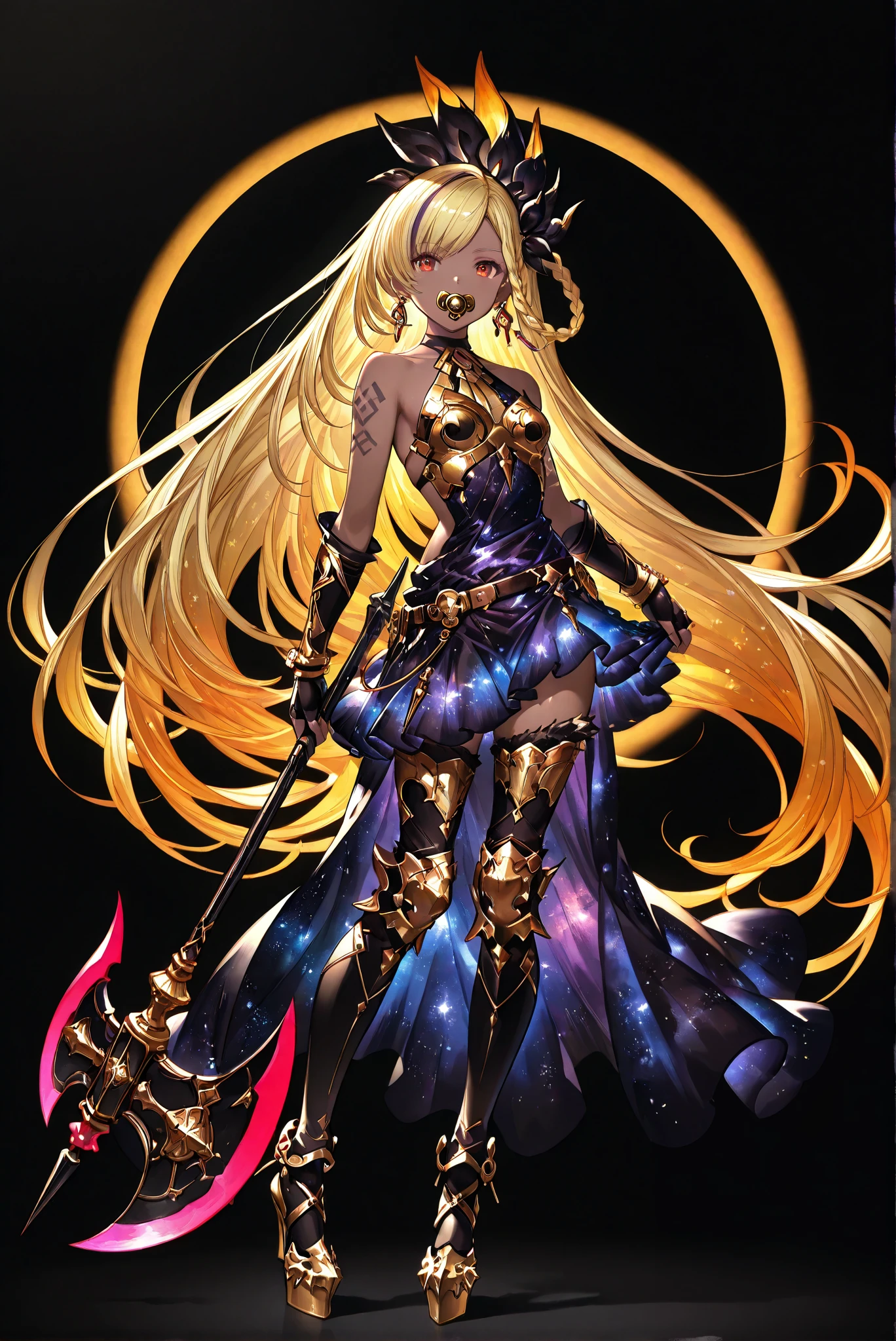 of_HARP, cosplay, furry chest armor, clothing cutout, furry belt, furry bracers, furry leg armor, furry footwear, armor, bare shoulders, fingerless gloves, bracers,jewelry, earrings, weapon, ax,Hatchet,Tomahawk,神器ax,复杂工艺ax ,has two golden axe heads,holding weapon, ( stands,whole body, high heels, front view,Standing picture:1.7),HoleHeels,oval/Circle/Thorn/Horn Heels,, Limited Color Palette , Black Background ,Colorful, vivid colors ,Flashing silhouette ,neon,black light ,watch, Masterpiece, very beautiful ,, shiny skin, galaxy dress, backless dress, golden ornaments, arm tattoo, , Granblue_ fantasy, Helel_Ben_Shalem, dark skin, Blonde, long hair, braid, red eyes, pacifier,