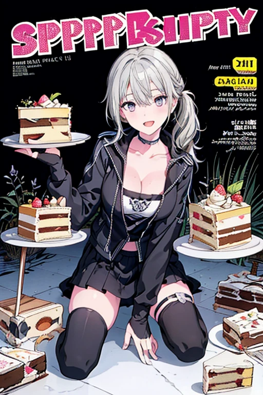 1 girl, small nose, very beautiful detailed face and eyes, bright colors, cute face, delicate beautiful face, Bright magenta eyes, cute eyes, sparkling eyes, Big eyes, (small breasts:1.3), (perky chest:1.1), (pointed chest:1.0), (cake magazine cover:1.1),highest quality, WorKs of masters, High resolution,BlacK color hair,shiny hair, side ponytail,hair between eyes,bangs, (black jacket, real clothes, cleavage, black skirts, black thighhighs, thigh strap, fingerless gloves, single glove:1.2) , spread legs, panties shot, medium hips, glamorous body, white skin, smile, thin pubric hair, super beautiful face, Super beautiful eyes, Super beautiful hair,trendy outfit,sexy and attractive,full body esbian, Real World, Natural light,perfect Natural light,(with sparkling eyes and a contagious smile), This masterpiece is not only visually stunning but also tells, make of cake cooking , in the kitchen, open mouth, looking at viewer,