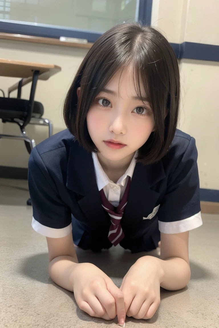 photorealisim、(A 12-year-old girl:1.5)、（During the filming of adult videos)、Man's 、(Nasty schoolgirl uniform:1.5)、(Sit on both knees:1.6)、(Balanced slender body:1.5)、(Smaller chest:1.5)、(Young and cute hairstyle:1.7)、Embarrassed look、Very white skin、Letting down your bangs、Detailed body、Detailed hand、No makeup