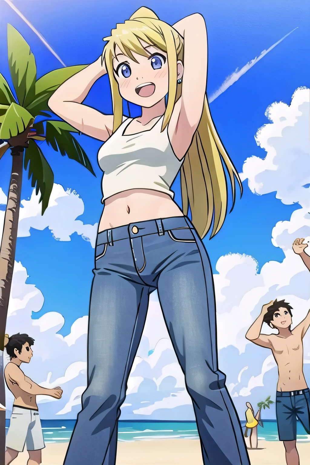 masterpiece,best quality,ultra detail, ((Perfect Face, Perfect Arms, Perfect hands, Perfect Fingers)), 1girl, , peti ((round face, ecstasy, orgasm face, drooping eyes, shame smiling, blush)), dropping eyes, sleepy, Open mouth, ((White teeth)), background((under the beach, (day:1.2), palm tree, bright sky)), winry rockbell, blue eyes, blonde hair, (long hair:1.4), ponytail, earrings, ((arms behind head, hands behind head, fingers behind head)), ((contrapposto)), spread armpits, looking at viewer,, (white tank top:1.2), (white crop top:1.2), (jeans pants:1.2, flares jeans:1.2, skinny jeans:1.2, blue jeans:1.2), standing, (legs spread:1.4), sex pose, Sweaty crotch, Steam from the crotch, from below, full medium body