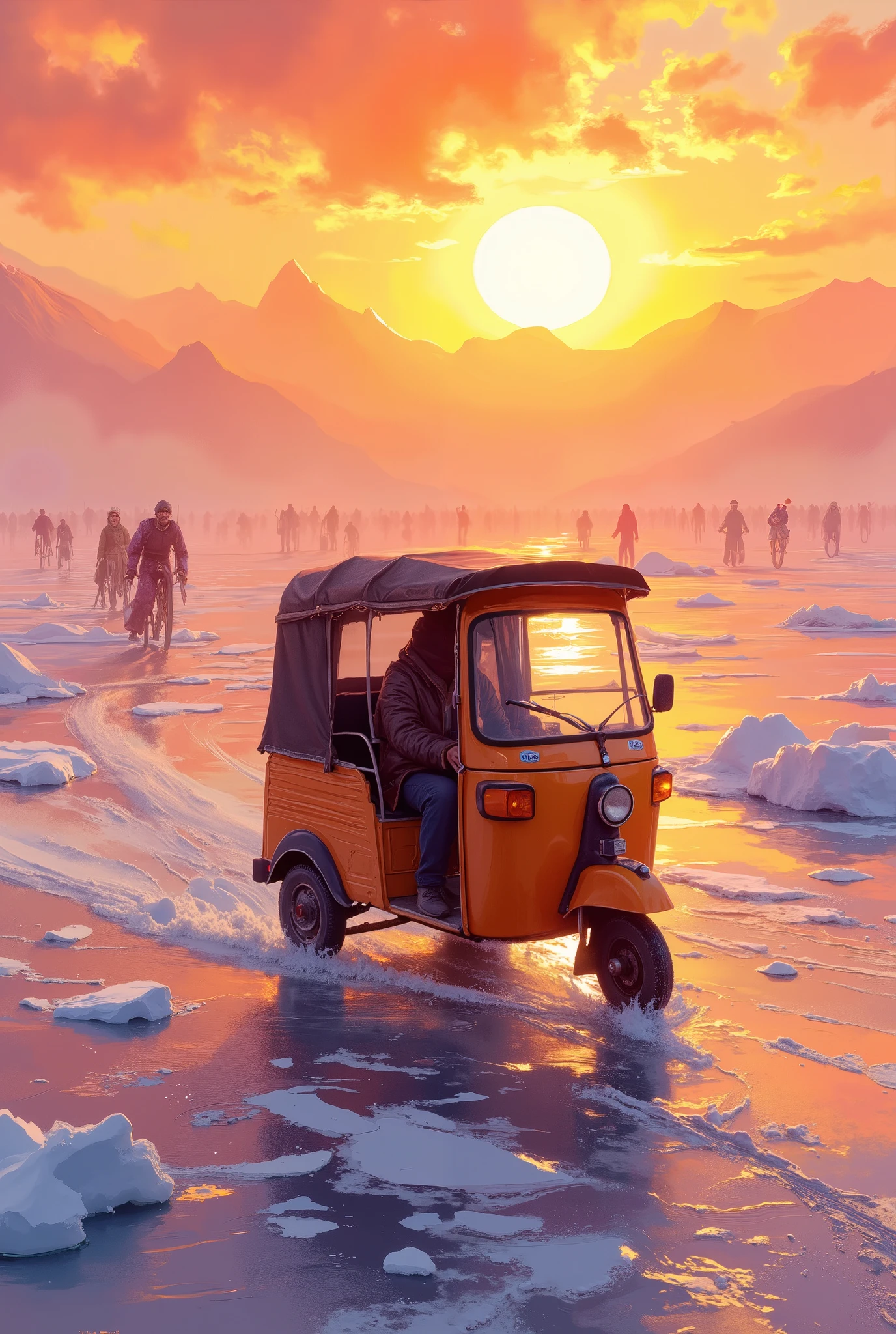 Driving on an autorickshaw on the frozen sea, solo travel, huge orange sunset, cycling
