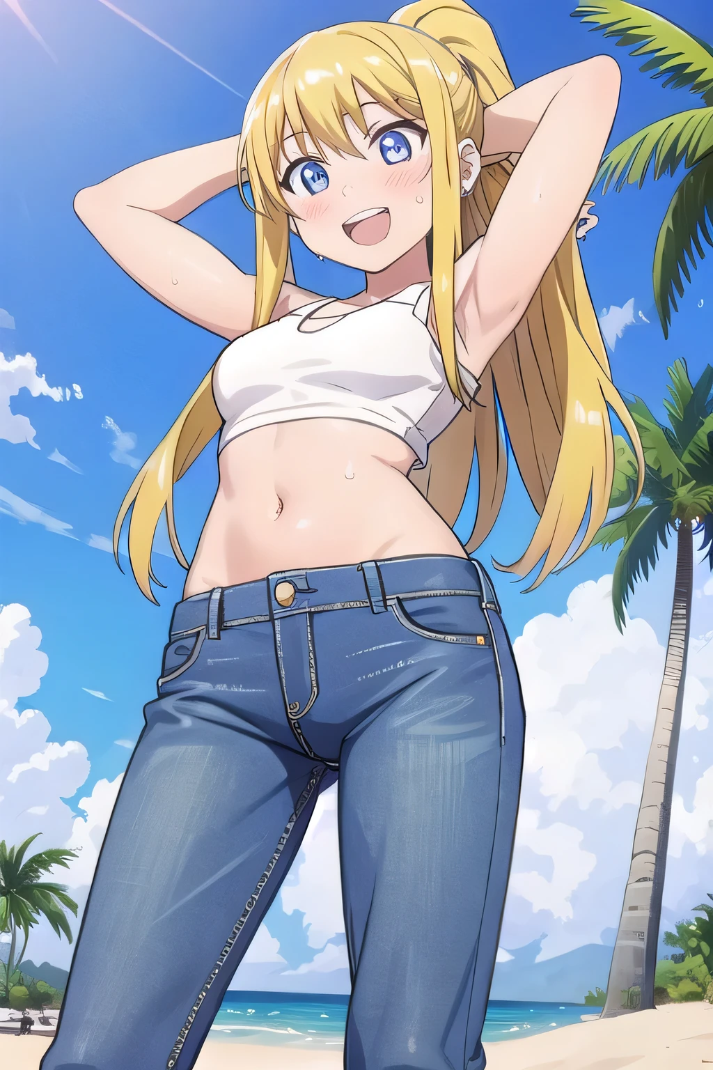 masterpiece,best quality,ultra detail, ((Perfect Face, Perfect Arms, Perfect hands, Perfect Fingers)), 1girl, , peti ((round face, ecstasy, orgasm face, drooping eyes, shame smiling, blush)), dropping eyes, sleepy, Open mouth, ((White teeth)), background((under the beach, (day:1.2), palm tree, bright sky)), winry rockbell, blue eyes, blonde hair, (long hair:1.4), ponytail, earrings, ((arms behind head, hands behind head, fingers behind head)), ((contrapposto)), spread armpits, looking at viewer,, (white tank top:1.2), (white crop top:1.2), (jeans pants:1.2, flares jeans:1.2, skinny jeans:1.2, blue jeans:1.2), standing, (legs spread:1.4), sex pose, Sweaty crotch, Steam from the crotch, from below, whole body