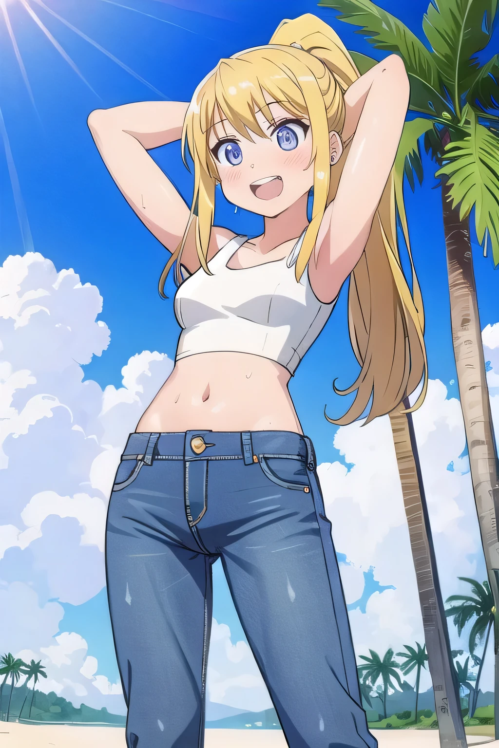 masterpiece,best quality,ultra detail, ((Perfect Face, Perfect Arms, Perfect hands, Perfect Fingers)), 1girl, 14yo, petite, ((round face, ecstasy, orgasm face, drooping eyes, shame smiling, blush)), dropping eyes, sleepy, Open mouth, ((White teeth)), background((under the beach, (day:1.2), palm tree, bright sky)), winry rockbell, blue eyes, blonde hair, (long hair:1.4), ponytail, earrings, ((arms behind head, hands behind head, fingers behind head)), ((contrapposto)), spread armpits, looking at viewer,, (white tank top:1.2), (white crop top:1.2), (jeans pants:1.2, flares jeans:1.2, skinny jeans:1.2, blue jeans:1.2), standing, (legs spread:1.4), sex pose, Sweaty crotch, Steam from the crotch, from below, whole body