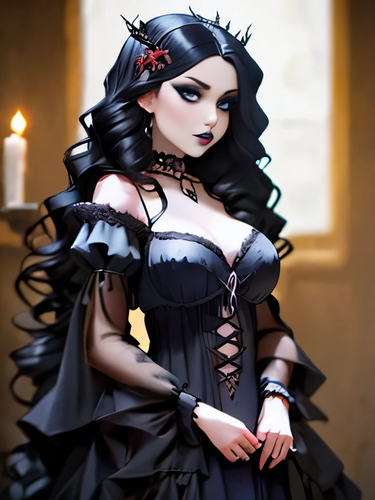 Design a feminine furry wolf with black hair in a ponytail, with gothic clothes and a big skirt with chains, a spiked necklace and black lipstick, in an animated way