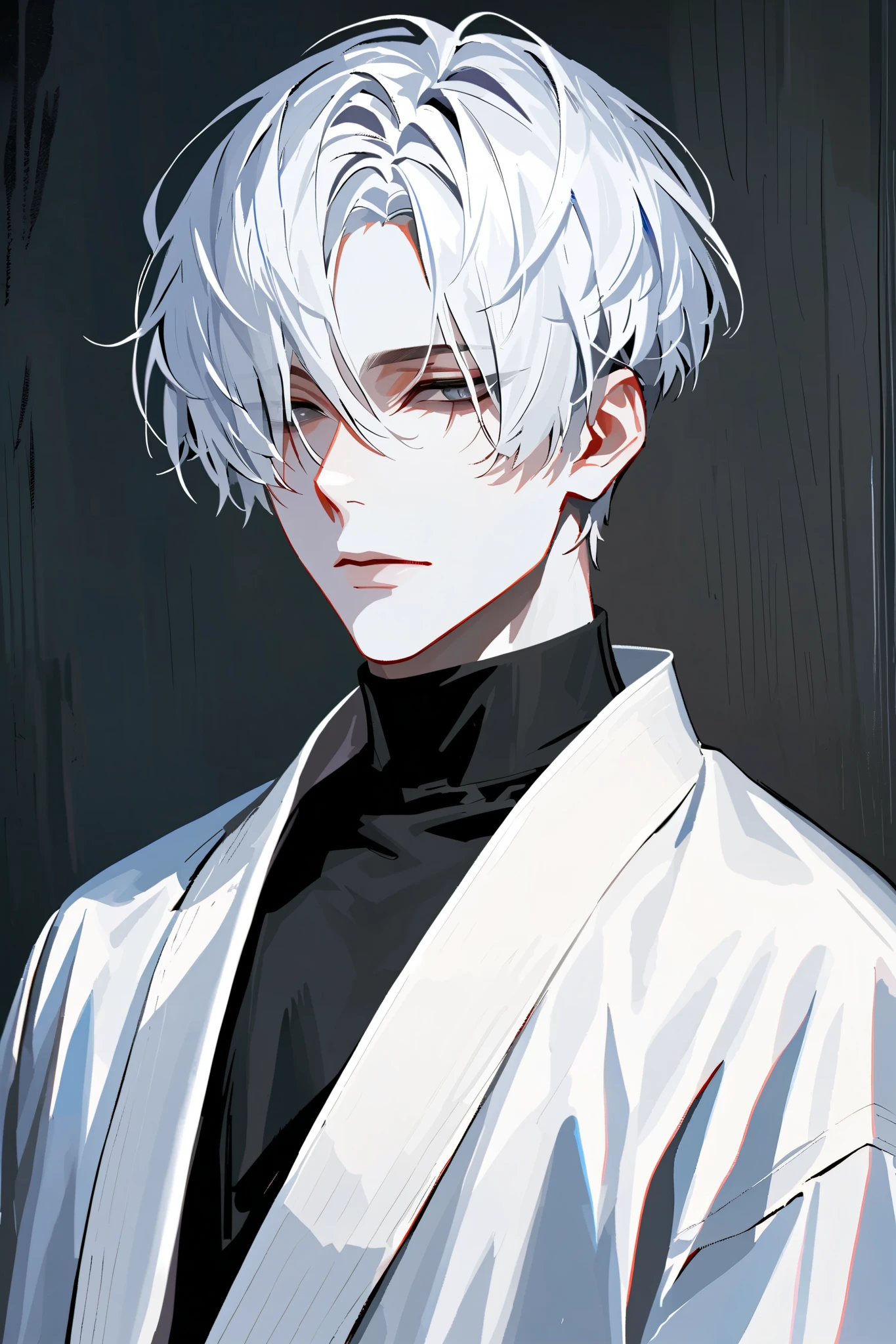 impasto, short hair, masterpiece, best quality, 1 man , white hair , perfect face , black eye , handsome male , Alone, pale skin , adult male , upper body , delicate line drawing,Extremely detailed , a faint smile, black turtleneck