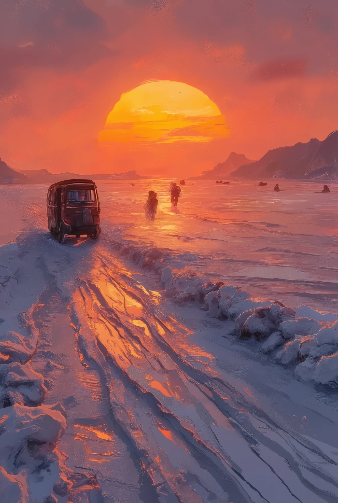 Driving on an autorickshaw on the frozen sea, solo travel, huge orange sunset, cycling