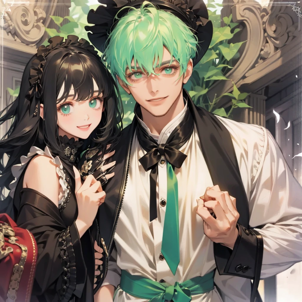 "Generate a cool male with black hairstylist hair, and one glass in right sharp green eyes, and look drunk, with black 1900s suit."