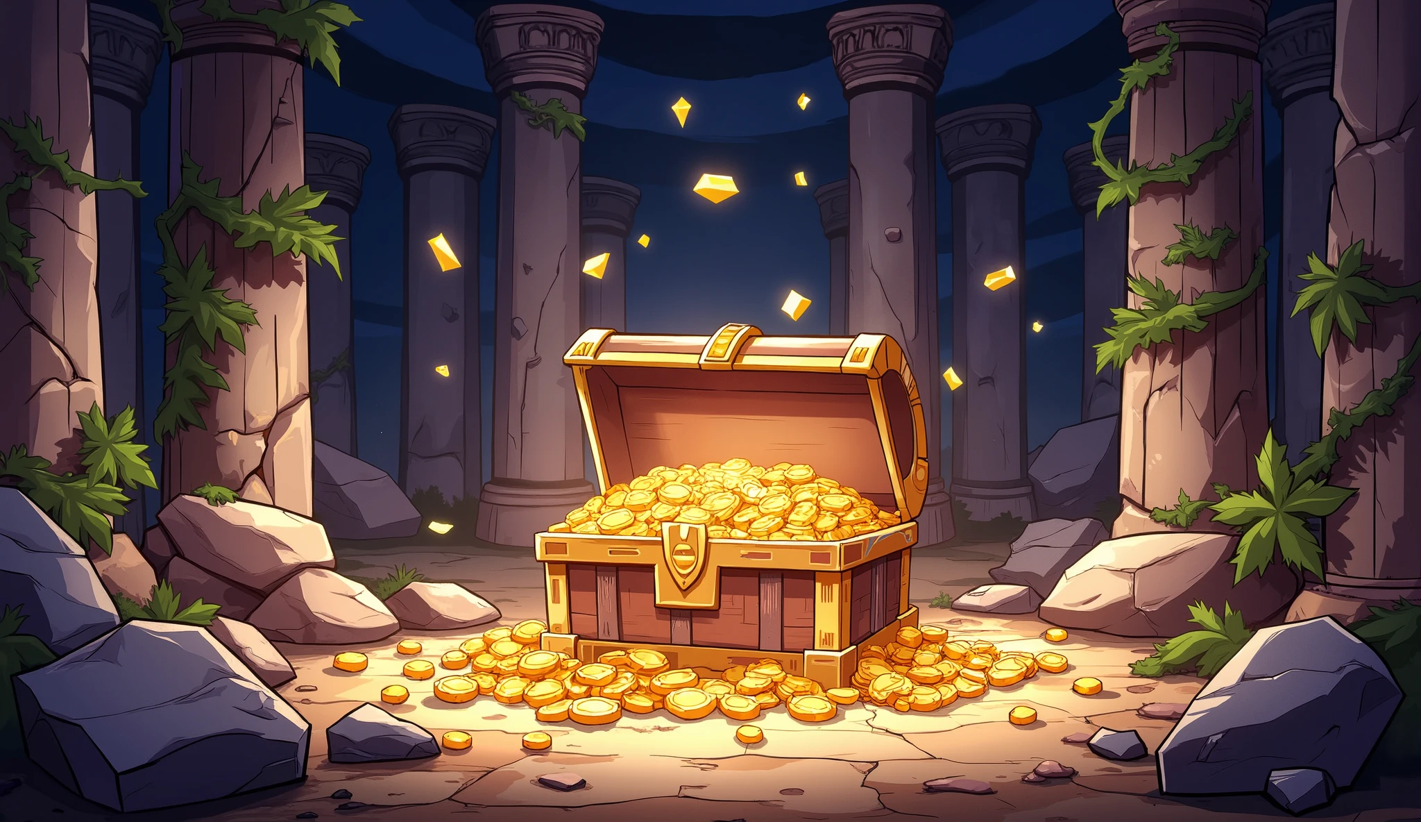 An old, abandoned temple in ruins, with towering stone pillars—some broken and crumbling. Large rocks have fallen and are scattered across the scene, forming small piles of debris. Vines and tendrils creep over the temple walls, wrapping around the fallen pillars and cracks. In the middle of the scene, a magnificent treasure chest made entirely of gold stands prominently. The chest is open, overflowing with shimmering gold coins, dazzling diamonds, and exquisite gold jewelry. The chest shines brightly, making it the focal point of the image. The scene is illustrated in a cartoon or vector style, with bold lines and vibrant colors, capturing both the mystery of the temple and the brilliance of the treasure.