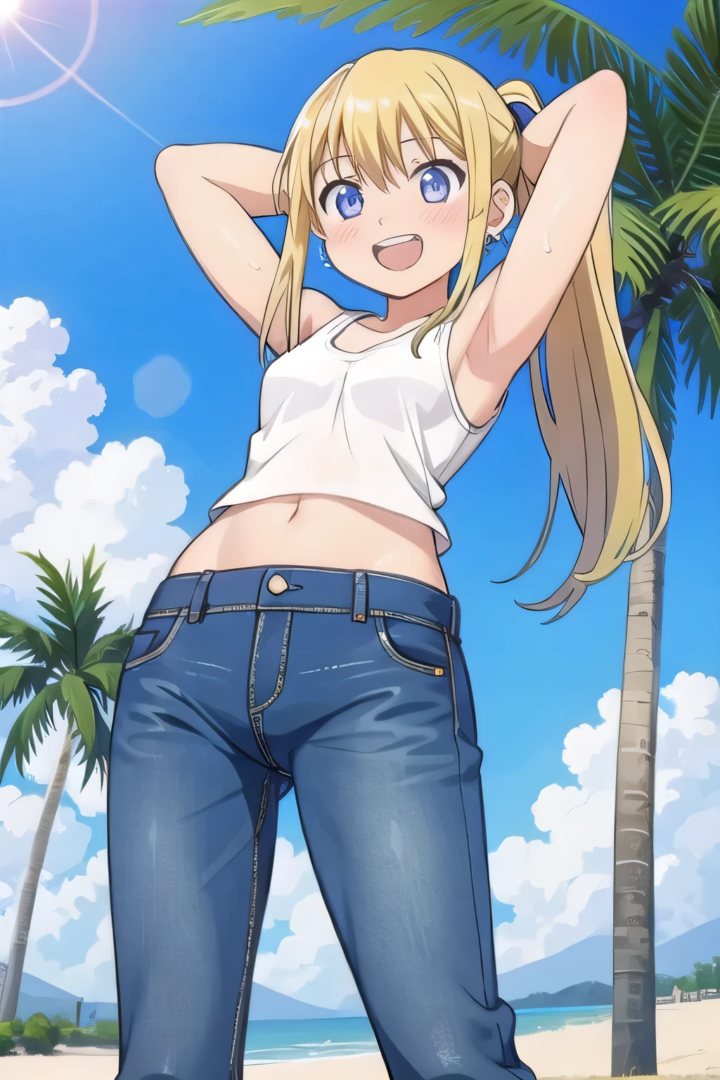 masterpiece,best quality,ultra detail, ((Perfect Face, Perfect Arms, Perfect hands, Perfect Fingers)), 1girl, , peti ((round face, ecstasy, orgasm face, drooping eyes, shame smiling, blush)), dropping eyes, sleepy, Open mouth, ((White teeth)), background((under the beach, (day:1.2), palm tree, bright sky)), winry rockbell, blue eyes, blonde hair, (long hair:1.4), ponytail, earrings, ((arms behind head, hands behind head, fingers behind head)), ((contrapposto)), spread armpits, looking at viewer,, (white tank top:1.2), (white crop top:1.2), (jeans pants:1.2, flares jeans:1.2, skinny jeans:1.2, blue jeans:1.2), standing, (legs spread:1.4), sex pose, Sweaty crotch, Steam from the crotch, from below, whole body