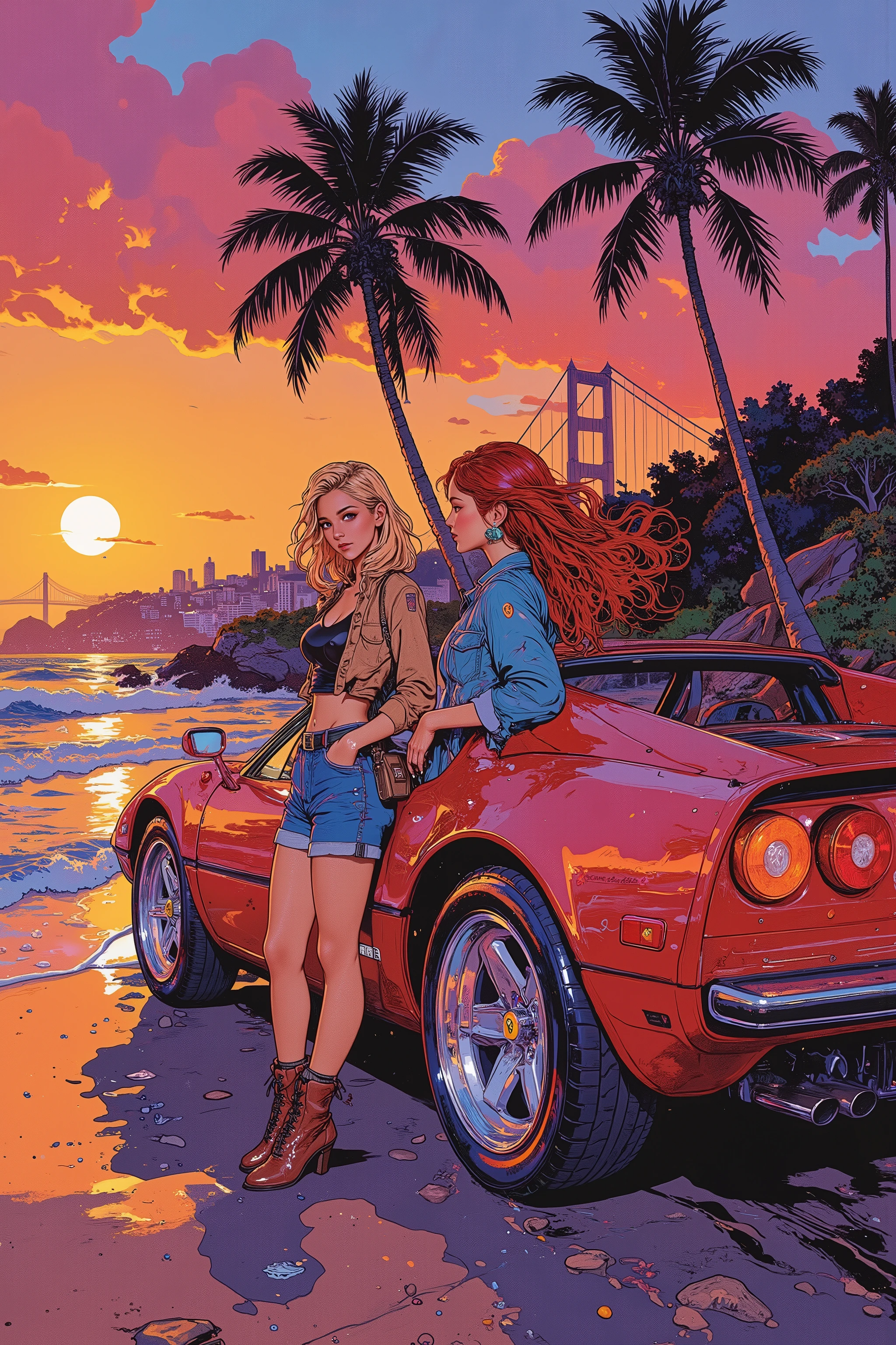 An 80's city pop art illustration of two pretty females, one blonde and one with red hair, watching a vibrant sunset near their loyal road trip companion—an open hatch Ferrari. The blonde has flowing hair swept by the breeze, while the redhead leans casually against the car, both dressed in retro 80s-style outfits. The backdrop features a glowing sunset sky in shades of orange, pink, and purple, casting reflections on the sleek Ferrari's body. Palm trees sway nearby, and the coastline stretches out with waves glistening under the fading sun. Floating particles and dynamic wind lines enhance the lively, nostalgic vibe, while the city skyline and a suspension bridge loom in the distance. Created using: bold color palettes, sharp outlines, neon highlights, halftone textures, retro shading, dynamic wind effects, high contrast lighting, and vibrant gradients. Masterpiece, best quality:1.2, HD quality, natural look.