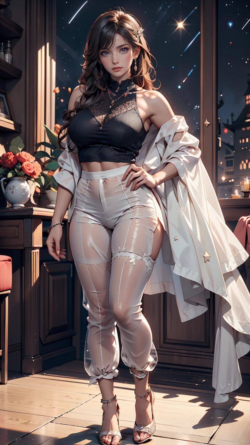 24 year old Caucasian female、Silver Hair、long hair、Hair becomes wavy、Outstanding proportions、Wear a sheer romper decorated with lace、Breasts are visible through the skin、I can see my belly button、Wear low rise leggings、Wear stiletto heels、Cowboy Shot、sexy pose、art nouveau background