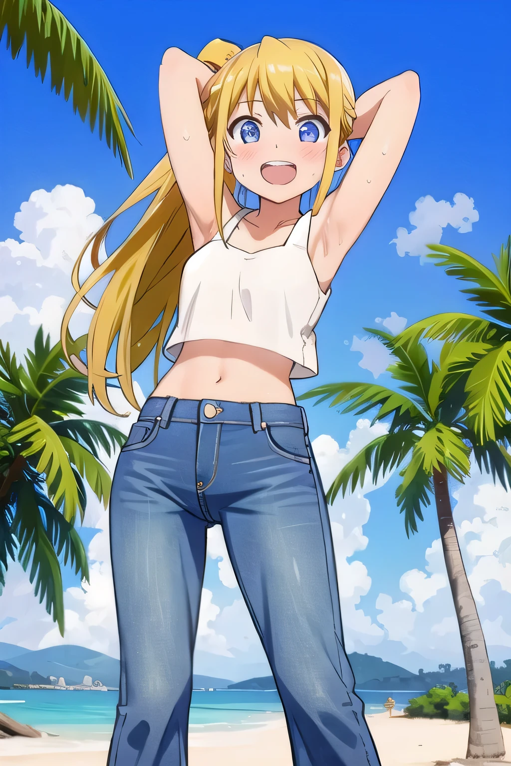 masterpiece,best quality,ultra detail, ((Perfect Face, Perfect Arms, Perfect hands, Perfect Fingers)), 1girl, , peti ((round face, ecstasy, orgasm face, drooping eyes, shame smiling, blush)), dropping eyes, sleepy, Open mouth, ((White teeth)), background((under the beach, (day:1.2), palm tree, bright sky)), winry rockbell, blue eyes, blonde hair, (long hair:1.4), ponytail, earrings, ((arms behind head, hands behind head, fingers behind head)), ((contrapposto)), spread armpits, looking at viewer,, (white tank top:1.2), (white crop top:1.2), (jeans pants:1.2, flares jeans:1.2, skinny jeans:1.2, blue jeans:1.2), standing, (legs spread:1.4), sex pose, Sweaty crotch, Steam from the crotch, from below, whole body