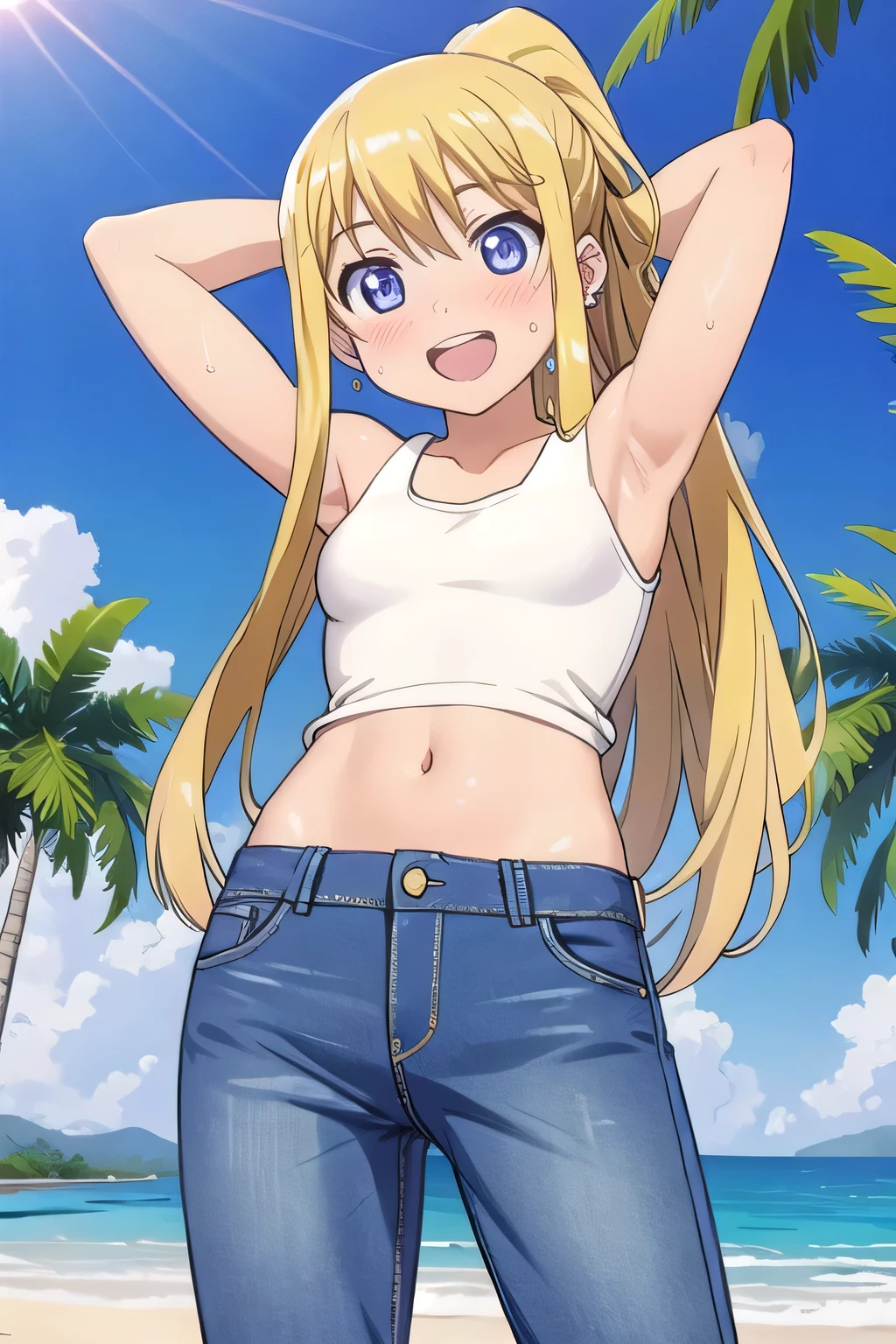 masterpiece,best quality,ultra detail, ((Perfect Face, Perfect Arms, Perfect hands, Perfect Fingers)), 1girl, 14yo, petite, ((round face, ecstasy, orgasm face, drooping eyes, shame smiling, blush)), dropping eyes, sleepy, Open mouth, ((White teeth)), background((under the beach, (day:1.2), palm tree, bright sky)), winry rockbell, blue eyes, blonde hair, (long hair:1.4), ponytail, earrings, ((arms behind head, hands behind head, fingers behind head)), ((contrapposto)), spread armpits, looking at viewer,, (white tank top:1.2), (white crop top:1.2), (jeans pants:1.2, flares jeans:1.2, skinny jeans:1.2, blue jeans:1.2), standing, (legs spread:1.4), sex pose, Sweaty crotch, Steam from the crotch, from below, whole body