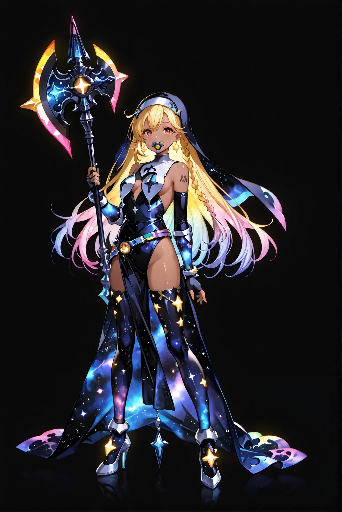 of_HARP, cosplay, clothing cutout, Galaxy belt, Galaxy bracers, Galaxy leg armor, Galaxy footwear, Galaxy highleg leotard, Galaxy armor, Galaxy bare shoulders, Galaxy fingerless gloves, Galaxy bracers,Galaxy jewelry, Galaxy earrings,
Galaxy Axe,Galaxy Short Axe,Galaxy Axe,Galaxy Artifact Axe,复杂工艺Galaxy Axe,Holding Galaxy Axe, Galaxy Axe Shining Outline,and a glowing symbol on the Galaxy Axe,双持Galaxy Axe
holding weapon,
ruanyi0847,Galaxy bodysuit,Galaxy breast curtains,galaxy dress,Galaxy nun,Galaxy pantyhose,Galaxy pelvic curtain
( stands,whole body, high heels, front view,Standing picture:1.7),HoleHeels,oval/Circle/Thorn/Horn Heels,, Limited Color Palette , Black Background ,Colorful, vivid colors ,Flashing silhouette ,neon,black light ,watch, Masterpiece, very beautiful ,, shiny skin, galaxy dress, backless dress, golden ornaments, arm tattoo, , Granblue_ fantasy, Helel_Ben_Shalem, dark skin, Blonde, long hair, braid, red eyes, pacifier,