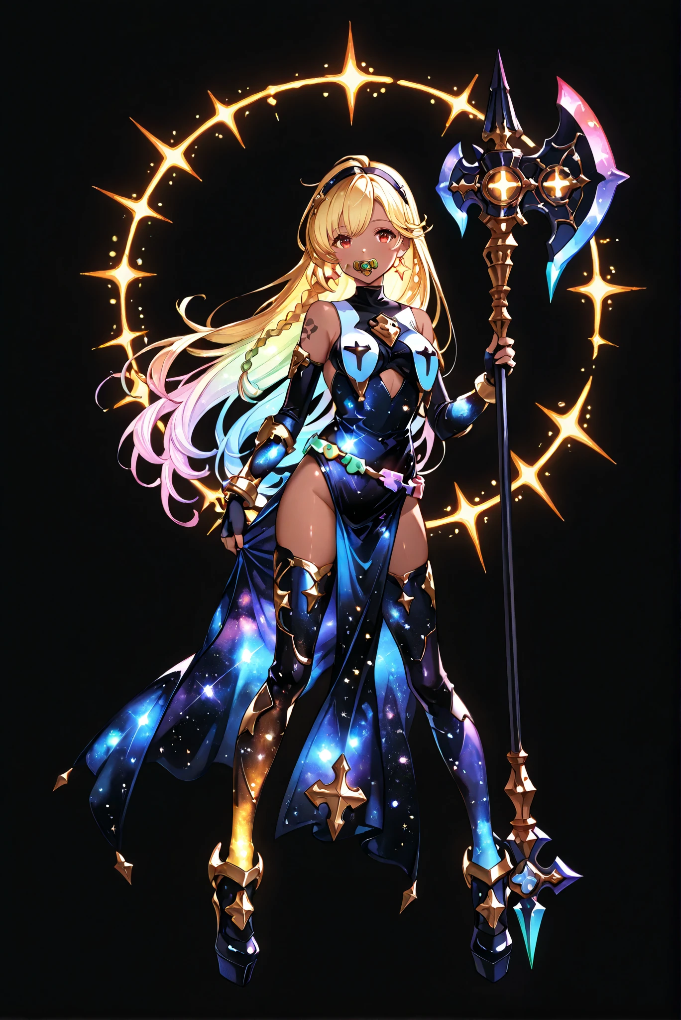 of_HARP, cosplay, clothing cutout, Galaxy belt, Galaxy bracers, Galaxy leg armor, Galaxy footwear, Galaxy highleg leotard, Galaxy armor, Galaxy bare shoulders, Galaxy fingerless gloves, Galaxy bracers,Galaxy jewelry, Galaxy earrings,
Galaxy Axe，Galaxy Short Axe，Galaxy Axe，Galaxy Artifact Axe，复杂工艺Galaxy Axe,Holding Galaxy Axe, Galaxy Axe Shining Outline，and a glowing symbol on the Galaxy Axe,双持Galaxy Axe
holding weapon,
ruanyi0847,Galaxy bodysuit,Galaxy breast curtains,galaxy dress,Galaxy nun,Galaxy pantyhose,Galaxy pelvic curtain

（ stands，whole body， high heels， front view，Standing picture:1.7)，HoleHeels，oval/Circle/Thorn/Horn Heels，, Limited Color Palette , Black Background ,Colorful, vivid colors ,Flashing silhouette ,neon,black light ,watch,  Masterpiece,  very beautiful ,, shiny skin, galaxy dress, backless dress, golden ornaments, arm tattoo, , Granblue_ fantasy, Helel_Ben_Shalem, dark skin, Blonde, long hair, braid, red eyes, pacifier,