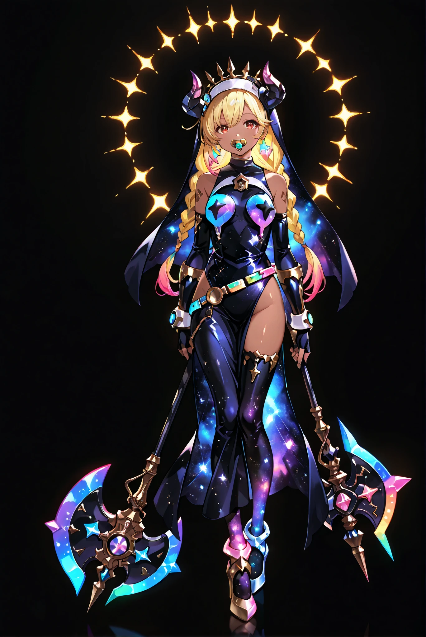 of_HARP, cosplay, clothing cutout, Galaxy belt, Galaxy bracers, Galaxy leg armor, Galaxy footwear, Galaxy highleg leotard, Galaxy armor, Galaxy bare shoulders, Galaxy fingerless gloves, Galaxy bracers,Galaxy jewelry, Galaxy earrings,
Galaxy Axe,Galaxy Short Axe,Galaxy Axe,Galaxy Artifact Axe,复杂工艺Galaxy Axe,Holding Galaxy Axe, Galaxy Axe Shining Outline,and a glowing symbol on the Galaxy Axe,双持Galaxy Axe
holding weapon,
ruanyi0847,Galaxy bodysuit,Galaxy breast curtains,galaxy dress,Galaxy nun,Galaxy pantyhose,Galaxy pelvic curtain
( stands,whole body, high heels, front view,Standing picture:1.7),HoleHeels,oval/Circle/Thorn/Horn Heels,, Limited Color Palette , Black Background ,Colorful, vivid colors ,Flashing silhouette ,neon,black light ,watch, Masterpiece, very beautiful ,, shiny skin, galaxy dress, backless dress, golden ornaments, arm tattoo, , Granblue_ fantasy, Helel_Ben_Shalem, dark skin, Blonde, long hair, braid, red eyes, pacifier,