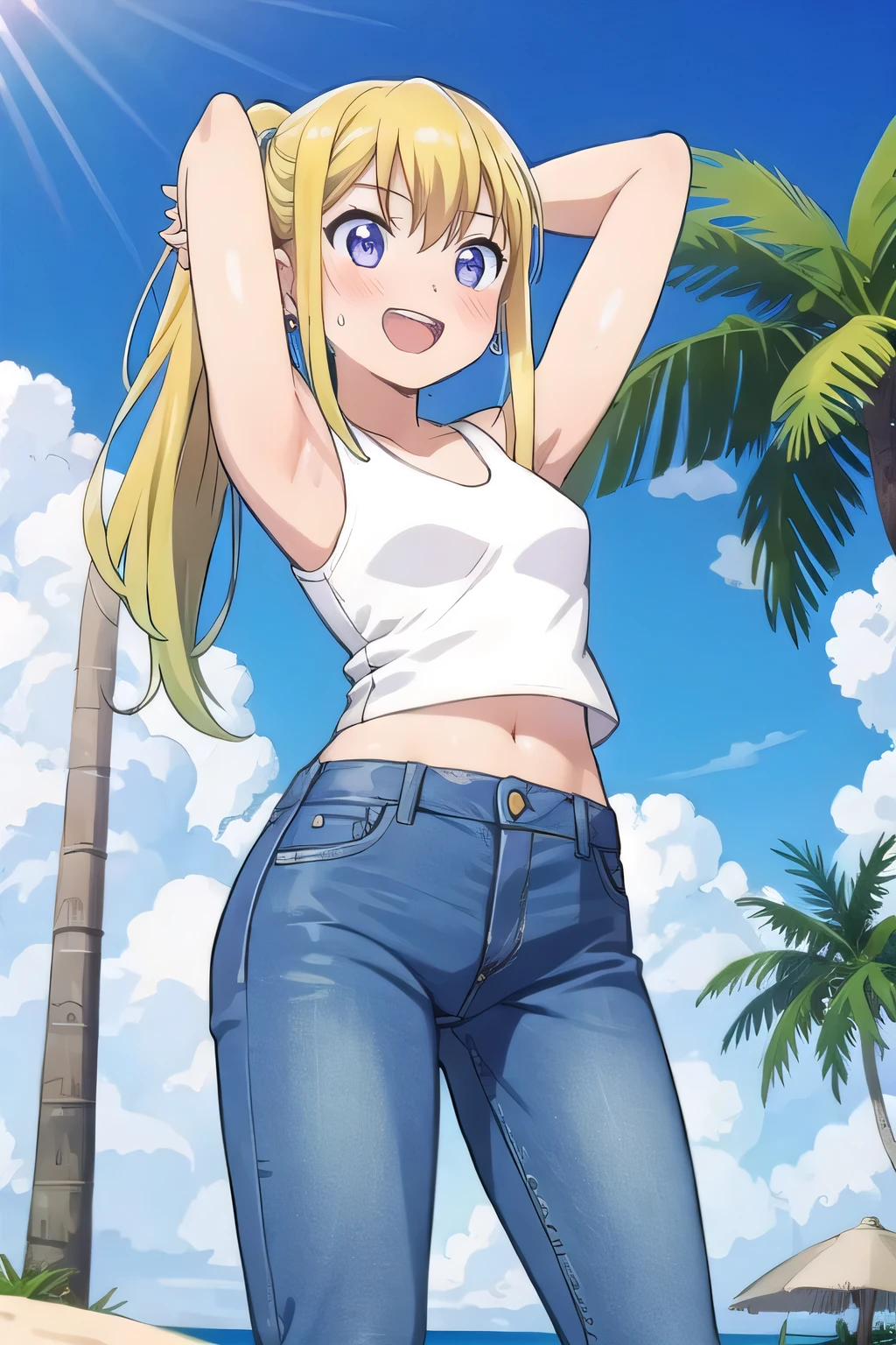 masterpiece,best quality,ultra detail, ((Perfect Face, Perfect Arms, Perfect hands, Perfect Fingers)), 1girl, , peti ((round face, ecstasy, orgasm face, drooping eyes, shame smiling, blush)), dropping eyes, sleepy, Open mouth, ((White teeth)), background((under the beach, (day:1.2), palm tree, bright sky)), winry rockbell, blue eyes, blonde hair, (long hair:1.4), ponytail, earrings, ((arms behind head, hands behind head, fingers behind head)), ((contrapposto)), spread armpits, looking at viewer,, (white tank top:1.2), (white crop top:1.2), (jeans pants:1.2, flares jeans:1.2, skinny jeans:1.2, blue jeans:1.2), standing, (legs spread:1.4), sex pose, Sweaty crotch, Steam from the crotch, from below, whole body