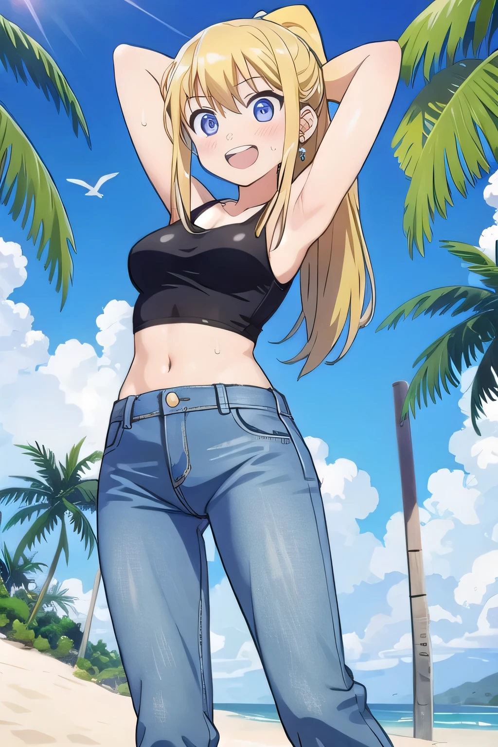 masterpiece,best quality,ultra detail, ((Perfect Face, Perfect Arms, Perfect hands, Perfect Fingers)), 1girl, 14yo, petite, ((round face, ecstasy, orgasm face, drooping eyes, shame smiling, blush)), dropping eyes, sleepy, Open mouth, ((White teeth)), background((under the beach, (day:1.2), palm tree, bright sky)), winry rockbell, blue eyes, blonde hair, (long hair:1.4), ponytail, earrings, ((arms behind head, hands behind head, fingers behind head)), ((contrapposto)), spread armpits, looking at viewer,, (white tank top:1.2), (white crop top:1.2), (jeans pants:1.2, flares jeans:1.2, skinny jeans:1.2, blue jeans:1.2), standing, (legs spread:1.4), sex pose, Sweaty crotch, Steam from the crotch, from below, whole body