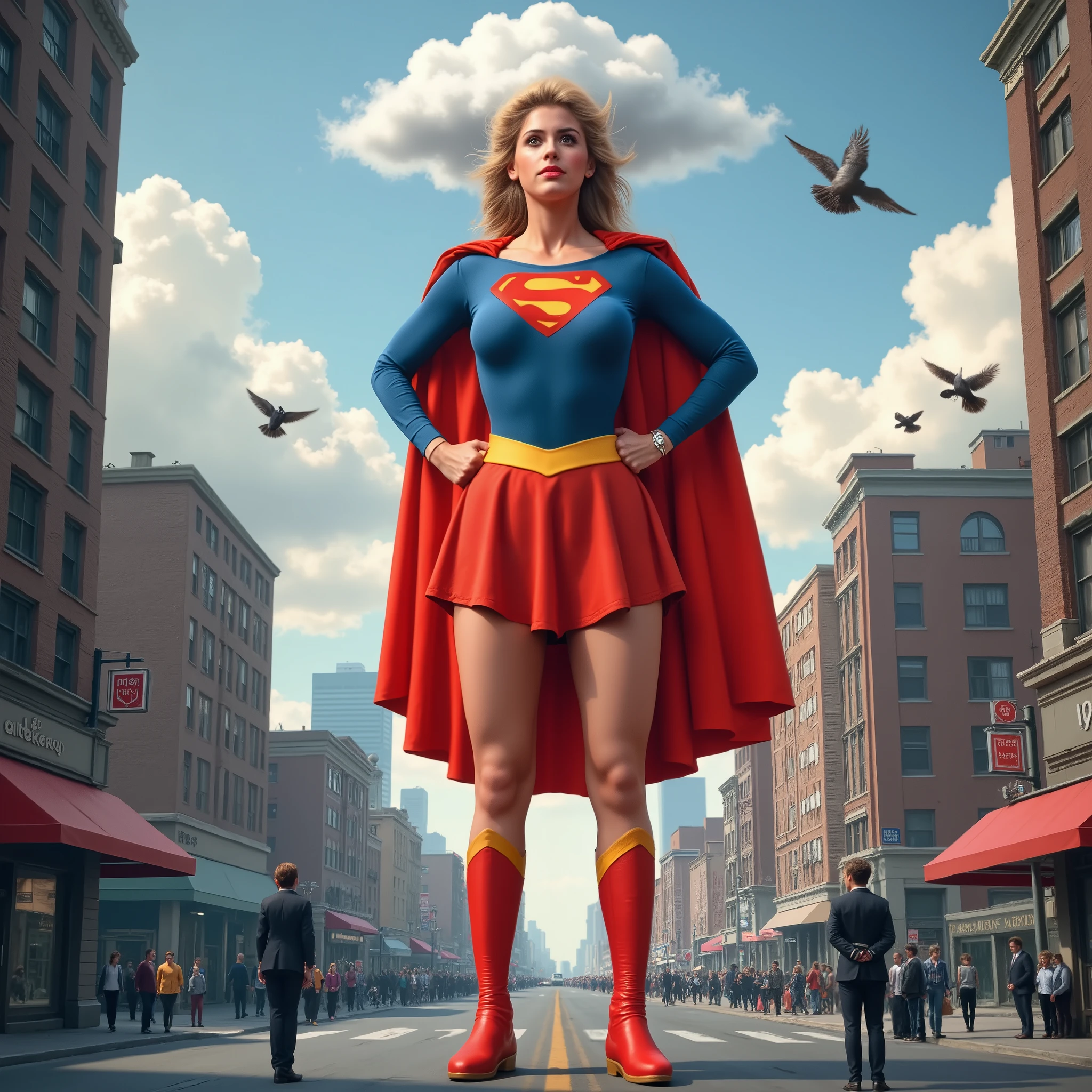 Generate a photorealistic image of Supergirl, towering over skyscrapers, wearing the classic 1980s Supergirl costume with boots and cape. She's so tall, her boot, the size of a small car, gently touches down on Main Street, scattering pigeons. She attempts a heroic pose, hand on hip, cape billowing, but bonks her head on a cumulus cloud. Capture the humor of her apologizing to the cloud while terrified pedestrians scream below. The wind from her sigh rustles the skyscrapers below. She looks bewildered, wondering how she can save the day when her mere presence causes city-wide panic. The overall image should be highly detailed and realistic, emphasizing the vast difference in scale between Supergirl and the city.