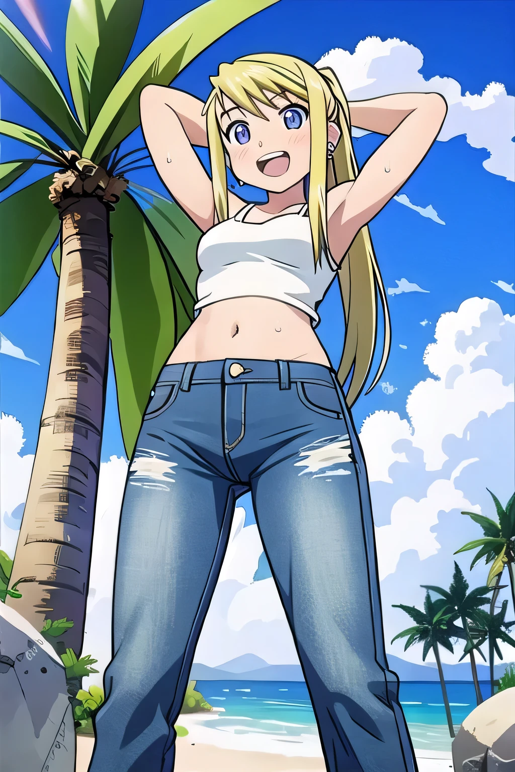 masterpiece,best quality,ultra detail, ((Perfect Face, Perfect Arms, Perfect hands, Perfect Fingers)), 1girl, , peti ((round face, ecstasy, orgasm face, drooping eyes, shame smiling, blush)), dropping eyes, sleepy, Open mouth, ((White teeth)), background((under the beach, (day:1.2), palm tree, bright sky)), winry rockbell, blue eyes, blonde hair, (long hair:1.4), ponytail, earrings, ((arms behind head, hands behind head, fingers behind head)), ((contrapposto)), spread armpits, looking at viewer,, (white tank top:1.2), (white crop top:1.2), (jeans pants:1.2, flares jeans:1.2, skinny jeans:1.2, blue jeans:1.2), standing, (legs spread:1.4), sex pose, Sweaty crotch, Steam from the crotch, from below, full medium body