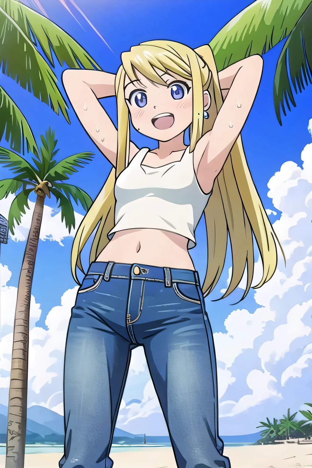 masterpiece,best quality,ultra detail, ((Perfect Face, Perfect Arms, Perfect hands, Perfect Fingers)), 1girl, , peti ((round face, ecstasy, orgasm face, drooping eyes, shame smiling, blush)), dropping eyes, sleepy, Open mouth, ((White teeth)), background((under the beach, (day:1.2), palm tree, bright sky)), winry rockbell, blue eyes, blonde hair, (long hair:1.4), ponytail, earrings, ((arms behind head, hands behind head, fingers behind head)), ((contrapposto)), spread armpits, looking at viewer,, (white tank top:1.2), (white crop top:1.2), (jeans pants:1.2, flares jeans:1.2, skinny jeans:1.2, blue jeans:1.2), standing, (legs spread:1.4), sex pose, Sweaty crotch, Steam from the crotch, from below, full medium body