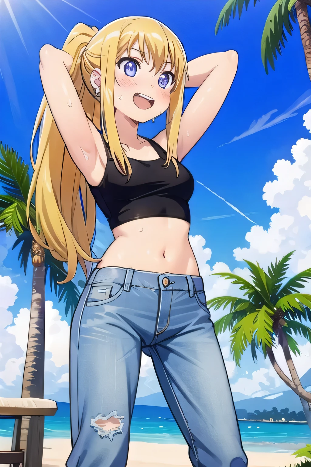 masterpiece,best quality,ultra detail, ((Perfect Face, Perfect Arms, Perfect hands, Perfect Fingers)), 1girl, , peti ((round face, ecstasy, orgasm face, drooping eyes, shame smiling, blush)), dropping eyes, sleepy, Open mouth, ((White teeth)), background((under the beach, (day:1.2), palm tree, bright sky)), winry rockbell, blue eyes, blonde hair, (long hair:1.4), ponytail, earrings, ((arms behind head, hands behind head, fingers behind head)), ((contrapposto)), spread armpits, looking at viewer,, (white tank top:1.2), (white crop top:1.2), (jeans pants:1.2, flares jeans:1.2, skinny jeans:1.2, blue jeans:1.2), standing, (legs spread:1.4), sex pose, Sweaty crotch, Steam from the crotch, from below, whole body