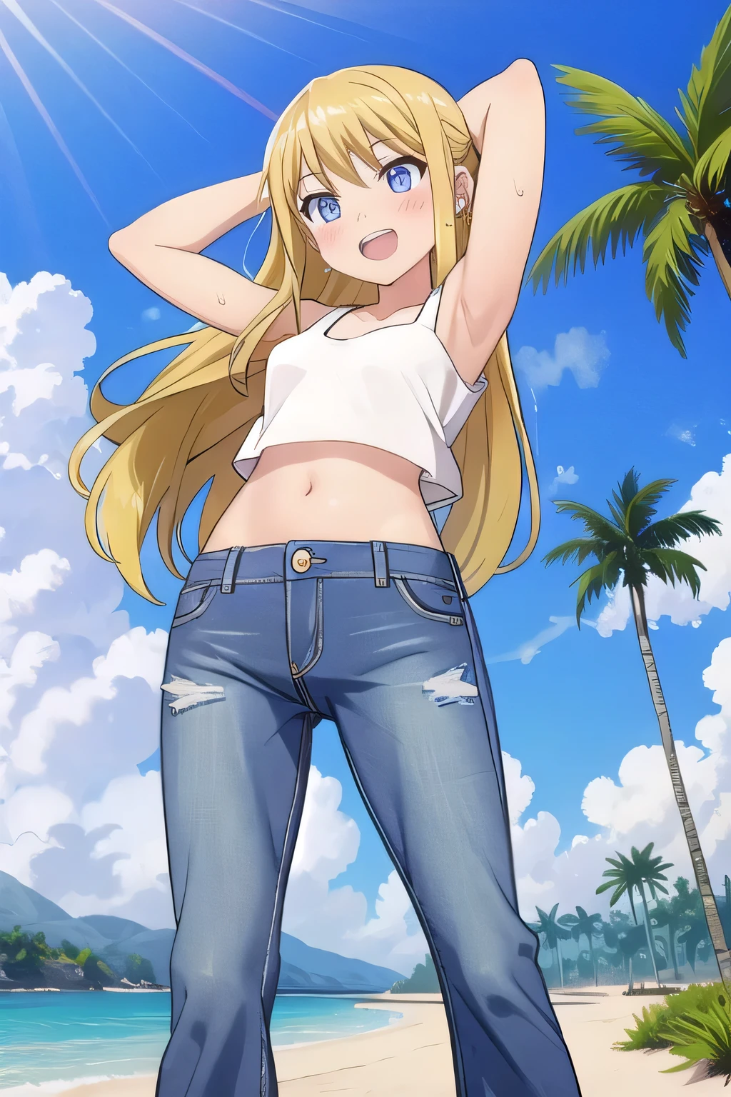 masterpiece,best quality,ultra detail, ((Perfect Face, Perfect Arms, Perfect hands, Perfect Fingers)), 1girl, , peti ((round face, ecstasy, orgasm face, drooping eyes, shame smiling, blush)), dropping eyes, sleepy, Open mouth, ((White teeth)), background((under the beach, (day:1.2), palm tree, bright sky)), winry rockbell, blue eyes, blonde hair, (long hair:1.4), ponytail, earrings, ((arms behind head, hands behind head, fingers behind head)), ((contrapposto)), spread armpits, looking at viewer,, (white tank top:1.2), (white crop top:1.2), (jeans pants:1.2, flares jeans:1.2, skinny jeans:1.2, blue jeans:1.2), standing, (legs spread:1.4), sex pose, Sweaty crotch, Steam from the crotch, from below, whole body
