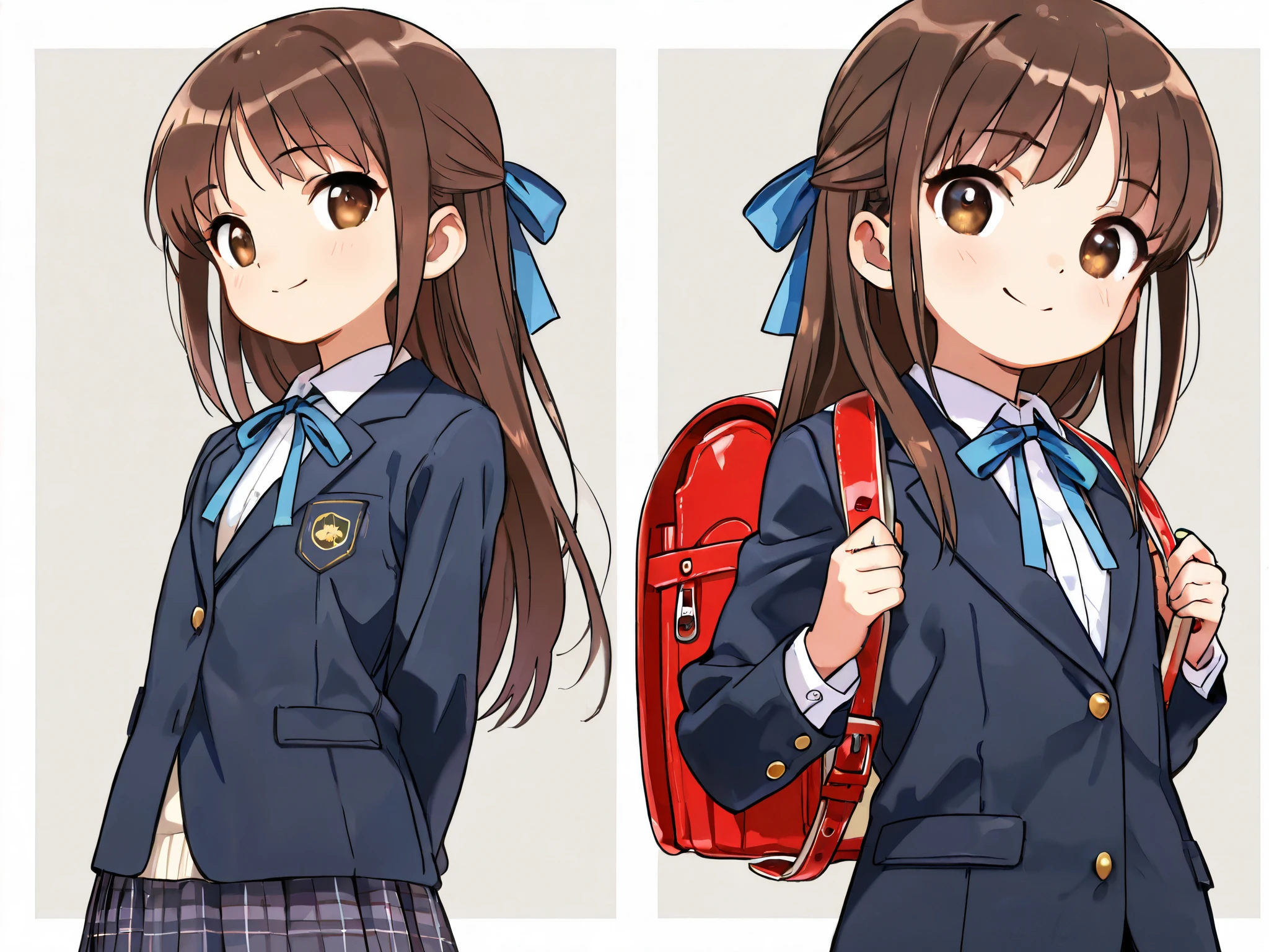 (Top Quality), (Very Aesthetic), (Super Detailed), (Best Illustration), , Solo Female, female , Girl, half updo, Blue Ribbon, Long Hair, Straight Hair, Sideburns, Center Parting, Brown Hair, Brown Eyes, Smiling, (flat breast), (school uniform, blazer, classic style with white shirt and plaid skirt, formal look), carrying randoseru backpack, On the way home through town

