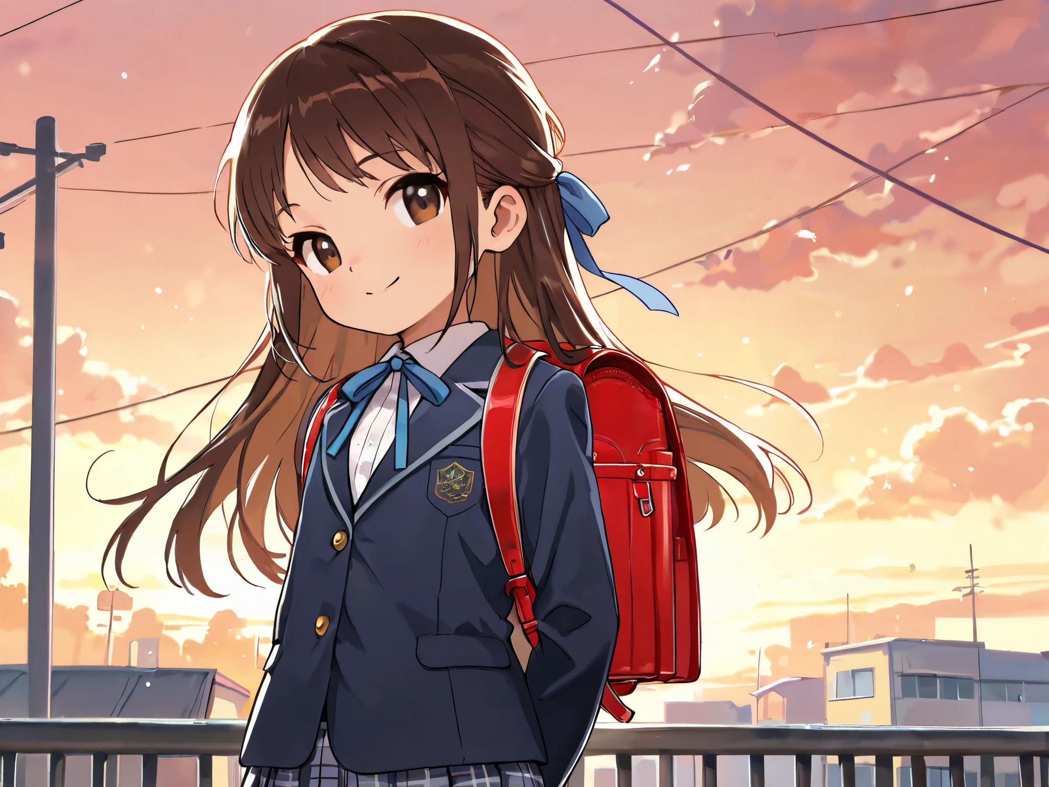 (Top Quality), (Very Aesthetic), (Super Detailed), (Best Illustration), , Solo Female, female , Girl, half updo, Blue Ribbon, Long Hair, Straight Hair, Sideburns, Center Parting, Brown Hair, Brown Eyes, Smiling, (flat breast), (school uniform, blazer, classic style with white shirt and plaid skirt, formal look), carrying randoseru backpack, On the way home through town
