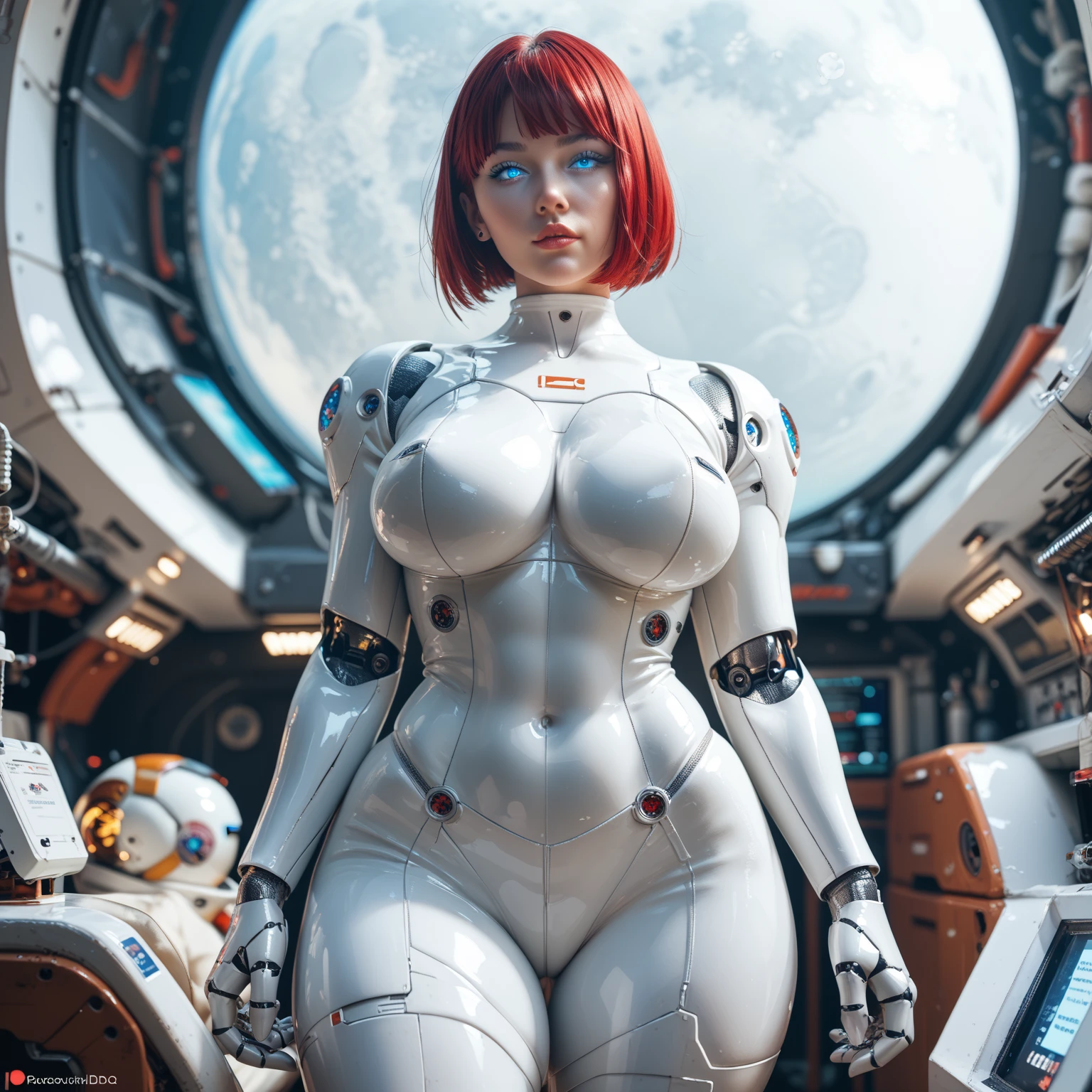 beautiful detailed eyes, detailed lips, long eyelashes, (((toothy smile))),((porcelain skin)),((busty)),apple breast, (glowing orange) suspender belt, (white blooming stockings),soft lighting, vibrant colors, surreal,sexy,((biomechanical cyborg)), ((white parts)),(green leds), ((asymetric short red head hair)),1girl, (((dynamic poses))),((seductive posture)), sitting,(spread legs), cyberpunk throne,((full body)),cyberpunk room