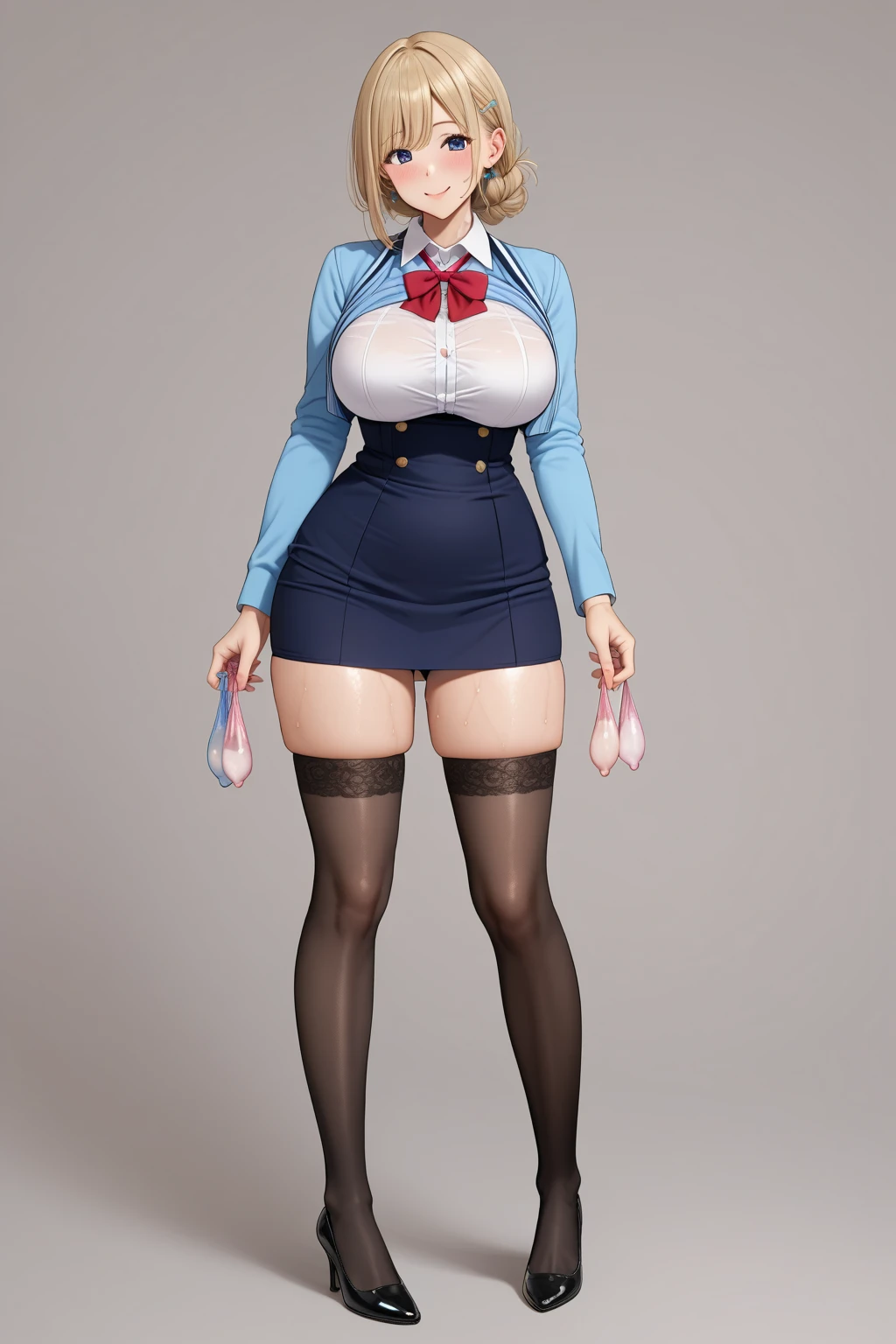 full body standing straight symmetrical, huge boob(masterpiece, best quality:1.2), cowboy shot, solo, 1girl, mmplatz, smile, looking at viewer, hands on hips, twintails, twin drills, dress, blue pantyhose, striped pantyhose, Handcuffs on their hands, With a collar around the neck