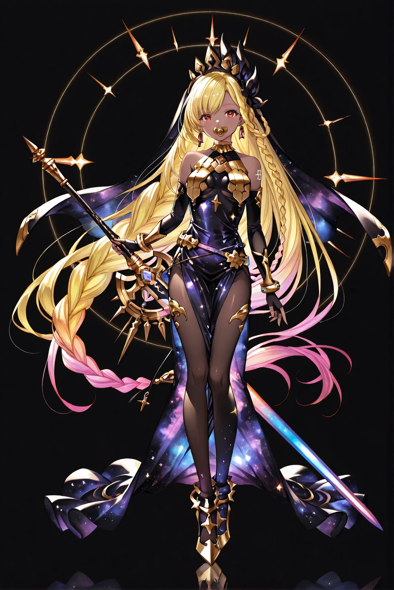of_HARP, cosplay,
Galaxy furry chest armor,
clothing cutout,
Galaxy furry belt, Galaxy furry bracers,
Galaxy furry leg armor,
Galaxy furry footwear,
armor,
bare shoulders,
fingerless gloves,
bracers,jewelry,
earrings,
weapon,
Galaxy Sword,Galaxy Sword,Galaxy Holy Sword,Galaxy Excalibur
Holding weapon,
ruanyi0847,bodysuit,breast curtains,dress,nun,pantyhose,pelvic curtain
( stands,whole body, high heels, front view,Standing picture:1.7),HoleHeels,oval/Circle/Thorn/Horn Heels,, Limited Color Palette , Black Background ,Colorful, vivid colors ,Flashing silhouette ,neon,black light ,watch, Masterpiece, very beautiful ,, shiny skin, galaxy dress, backless dress, golden ornaments, arm tattoo, , Granblue_ fantasy, Helel_Ben_Shalem, dark skin, Blonde, long hair, braid, red eyes, pacifier,