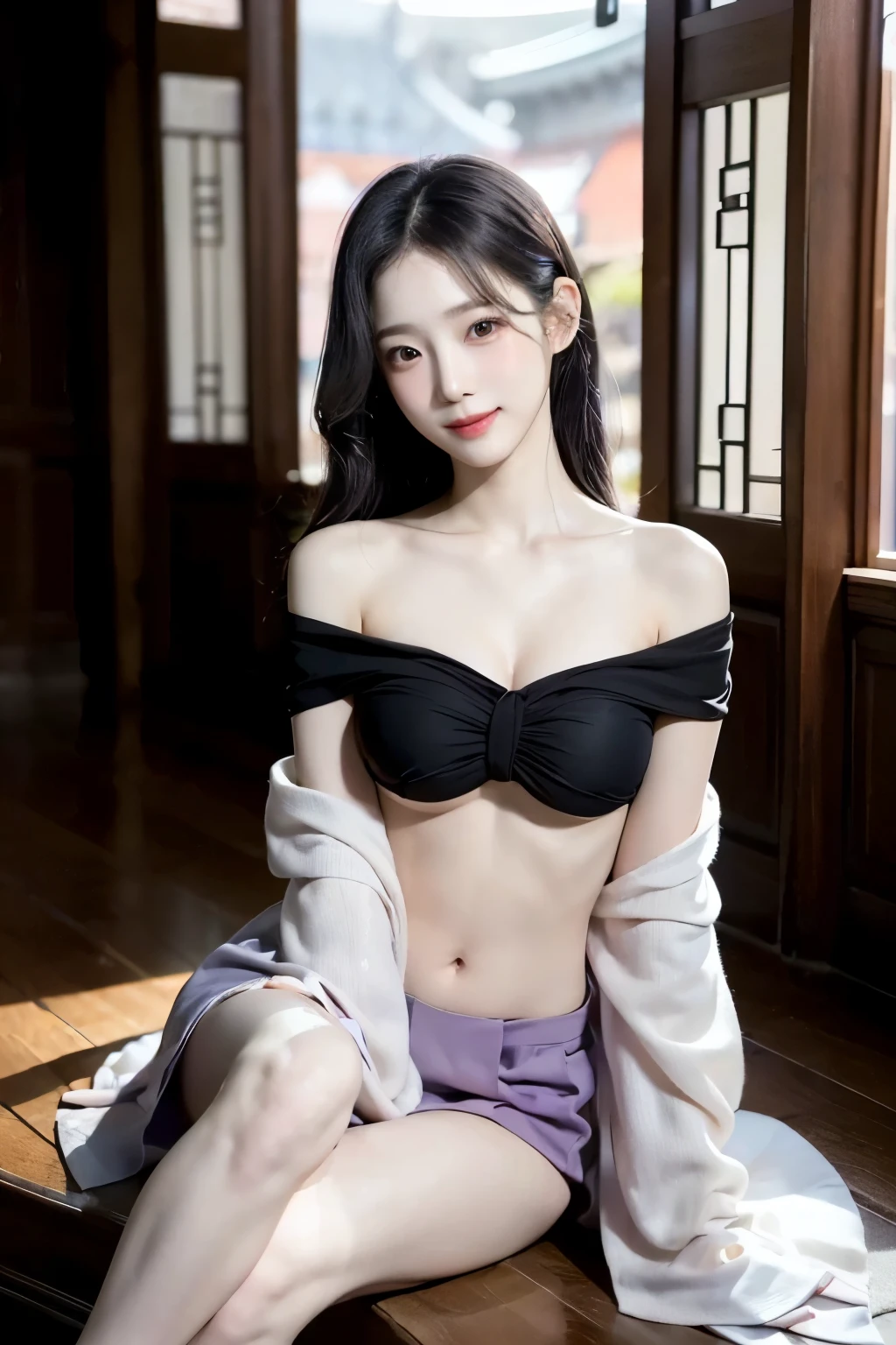 (masterpiece, best quality:1.2), 1girl, solo, ((off shoulder clothes)), at the hilltop，Moonlight，foggy room，((sitting position, Sit on the edge of the bed)), figure of heroine，Slender sexy legs，very beautiful legs，Leaking sexy legs，Big breasts，beauty, Leaking sexy shoulders，mystery。脸庞beauty精致，Otherworldly beauty。The bridge of the nose is straight，Lip color like cherry，Confident and calm。face chiseled，Skin as fair as jade，Makeup is light and delicate，Show her temperament and charm。Light foundation, Transparency of skin，perfect eyebrow shape，eye makeup,eye shadow,Eyeliner，Eyes are brighter and more energetic。涂上grace的口红，Charm and sophistication。衣服grace别致，Clothes flutter，Blown up by the wind，drifting into the distance。grace，Swinging action。Hair tied haphazardly behind the head，Secure it with a hosta，Strands of hair flutter gently in the wind，一道beauty的风景线，Attract attention。beauty、grace、mystery