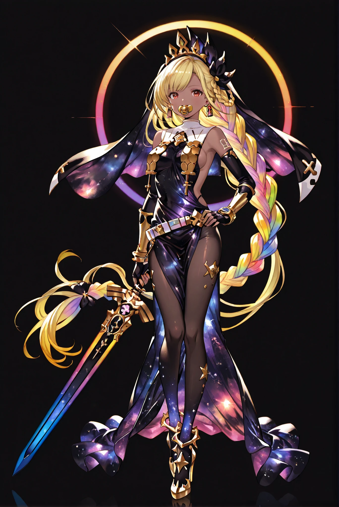 of_HARP, cosplay, 
Galaxy furry chest armor, 
clothing cutout, 
Galaxy furry belt, Galaxy furry bracers, 
Galaxy furry leg armor, 
Galaxy furry footwear, 
armor,
bare shoulders, 
fingerless gloves,
bracers,jewelry, 
earrings,
weapon, 
Galaxy Sword,Galaxy Sword,Galaxy Holy Sword，Galaxy Excalibur
Holding weapon,
ruanyi0847,bodysuit,breast curtains,dress,nun,pantyhose,pelvic curtain

（ stands，whole body， high heels， front view，Standing picture:1.7)，HoleHeels，oval/Circle/Thorn/Horn Heels，, Limited Color Palette , Black Background ,Colorful, vivid colors ,Flashing silhouette ,neon,black light ,watch,  Masterpiece,  very beautiful ,, shiny skin, galaxy dress, backless dress, golden ornaments, arm tattoo, , Granblue_ fantasy, Helel_Ben_Shalem, dark skin, Blonde, long hair, braid, red eyes, pacifier,