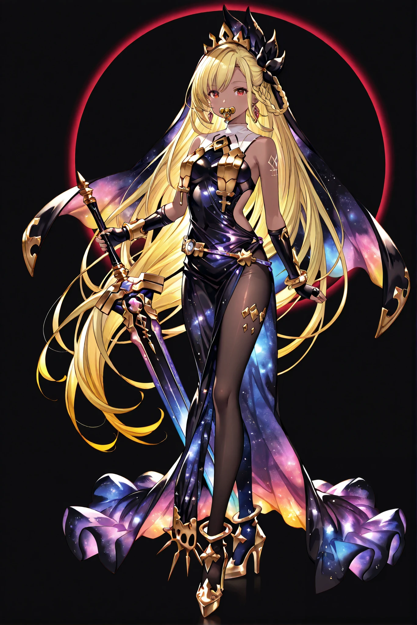 of_HARP, cosplay,
Galaxy furry chest armor,
clothing cutout,
Galaxy furry belt, Galaxy furry bracers,
Galaxy furry leg armor,
Galaxy furry footwear,
armor,
bare shoulders,
fingerless gloves,
bracers,jewelry,
earrings,
weapon,
Galaxy Sword,Galaxy Sword,Galaxy Holy Sword,Galaxy Excalibur
Holding weapon,
ruanyi0847,bodysuit,breast curtains,dress,nun,pantyhose,pelvic curtain
( stands,whole body, high heels, front view,Standing picture:1.7),HoleHeels,oval/Circle/Thorn/Horn Heels,, Limited Color Palette , Black Background ,Colorful, vivid colors ,Flashing silhouette ,neon,black light ,watch, Masterpiece, very beautiful ,, shiny skin, galaxy dress, backless dress, golden ornaments, arm tattoo, , Granblue_ fantasy, Helel_Ben_Shalem, dark skin, Blonde, long hair, braid, red eyes, pacifier,