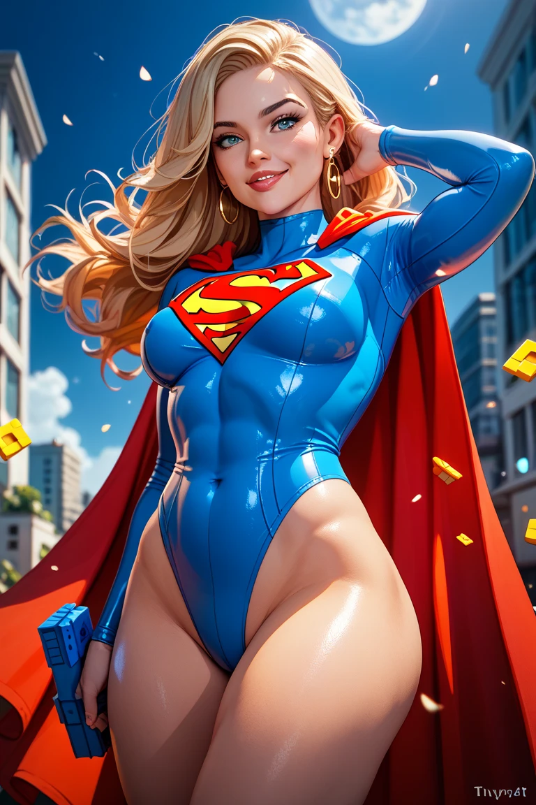 ((super detailed)),(super detailed), highly detailed 8k CG unified wallpaper, bodysuit, pose, cowboy photo, lens flare.The girl is Kara Zor-El (supergirl from DC ) has a plump,blonde hair, chubby body. Her height is about 5 feet 2 inches (157 cm), similar to her mother's large body. Her skin is white and smooth. In terms of facial features, she has soft and lustful facial features. She has a slim nose and plump, naturally rosy lips. Her eyebrows are beautifully shaped and neatly curved, framing her eyes beautifully. She is very big and has a beautiful figure. they are big and you can see the outline of her nipples. Overall, her (lewd, drooling) smile conveys her lecherous, slut-like nature. A sexy girl with a big and thick body is wearing a bodysuit where you can see all her curves and her hair hugs her nipples. She has thick breasts and the suit is very tight and covers her entire body, you can see all her curves and body. The full body suit is very tight, you can see her entire body, her slim waist, she's a girl ready to be a fucking machine,with a cock-craving cunt,Her body sways and you can see her breasts are full of milk flowing out
