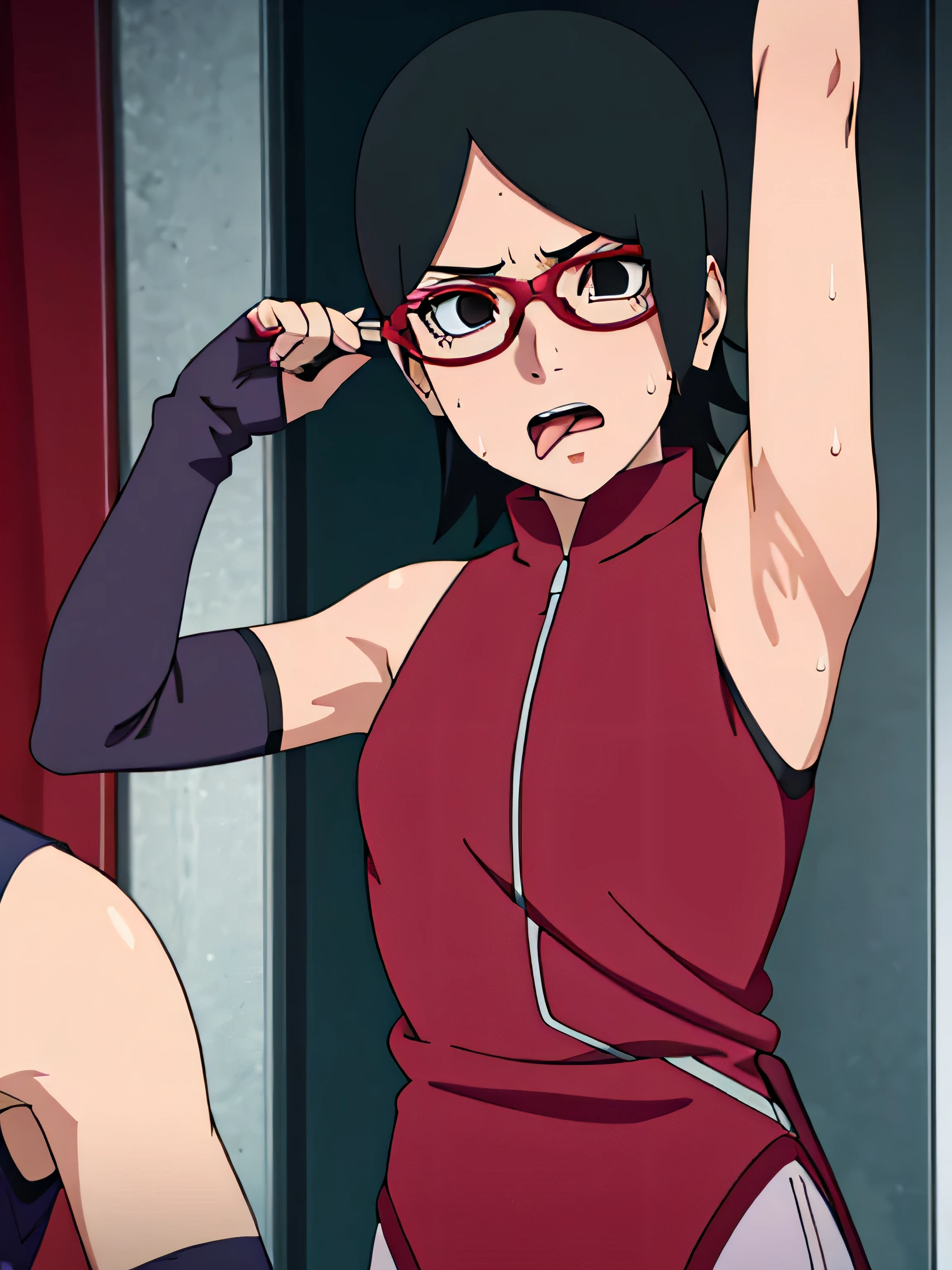 Sarada Uchiha,human woman with fair skin. She is a r with black eyes and red clothing. Her hair is black in color; She is beautiful.Wearing red rimmed glasses.Tsundere face. Pink eye shading,mature appearance,armpits,sweat,sweaty,sweaty armpits,arms up,showing armpits,awesome armpits,outfit,blackish red arm warmers,maroon arm bands,maroon arm warmers,showing tongue,tongue out