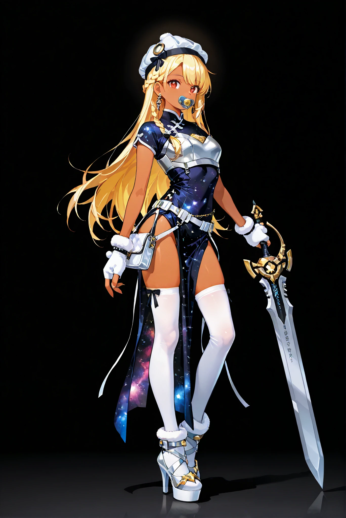 of_harp, cosplay,
furry chest armor,
clothing cut ,
furry belt, furry Wristband,
furry leg armor,
furry shoes,
armor,
裸露of肩膀,
fingerless gloves,
Wristband,jewelry,
Earrings,
arms,
Great sword,sword,圣sword,神sword
holding arms,
Galaxy Chinese dress,
Galaxy Chinese clothing,
clothing cut ,
plush suspenders,
furry gloves,
transparent ,
裸露of肩膀,
lower leg skin,
Hollow Out Tailoring ,
white thigh socks,
double ball head, Bag Cap ,
ribbon,
lower leg skin,
white high heels,
( Grandstand,whole body, high heels, Front view , Vertical Image :1.7),孔 high heels ,Oval/circling/prick/ 喇叭 high heels ,, available color tone , Black Background ,Colorful, 鮮豔of色彩 ,Flashing Silhouette ,neon,Black Light ,[watch, Masterpiece, is very beautiful ,, 有光澤of皮膚, Galaxy dress, 後背全露of洋裝, Golden Ornament , 臂部prick青, , 碧藍fantasy_ fantasy, _Books_Shalem , dark skin , Blonde Hair, long hair, braid, red eyes, Pacifier ,